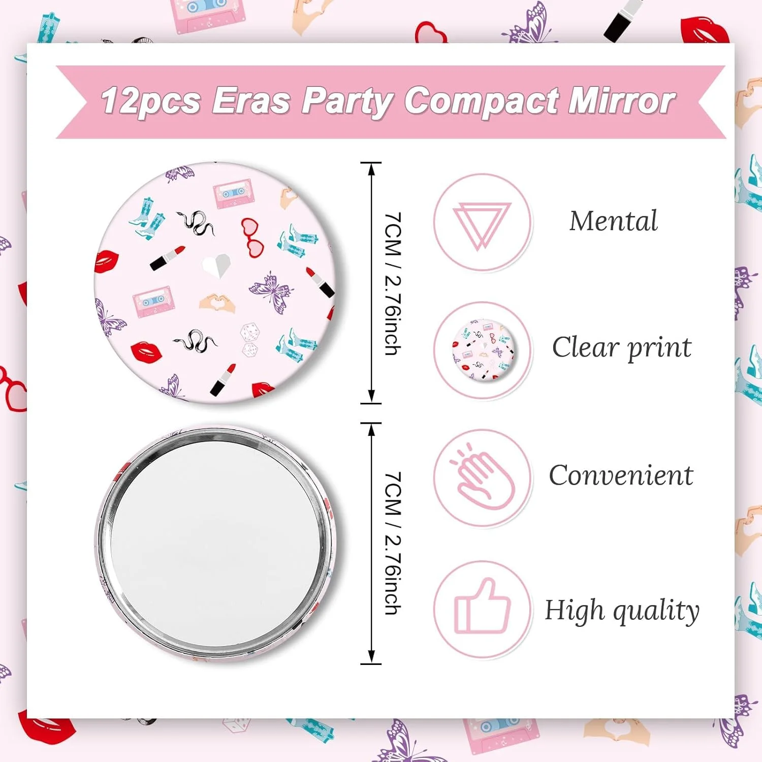آینه جیبی فشرده 12 عددی برای لوازم مهمانی با تم دوران مختلف، آینه جیبی مهمانی کنسرت دوران مختلف 2.76 اینچی، مهمانی موسیقی دیسکو دهه 1990، آرایش گرد قدیمی قابل حمل برای هدایای تولد دخترانه، تزئینات مجردی