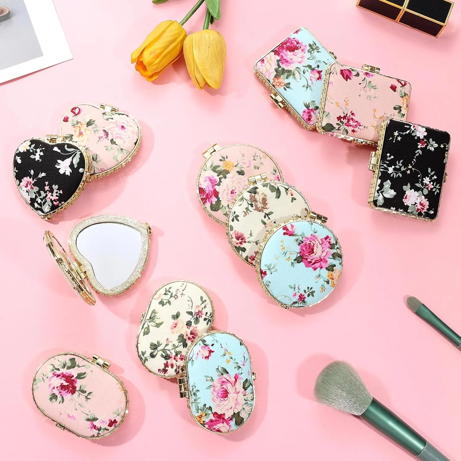 آینه جیبی فشرده Agolctry، بسته 16 عددی، آینه کوچک مناسب کیف پول، آینه کوچک برای آرایش، مسافرت و هدیه مهمانی چای با طرح گل برای دختران و زنان