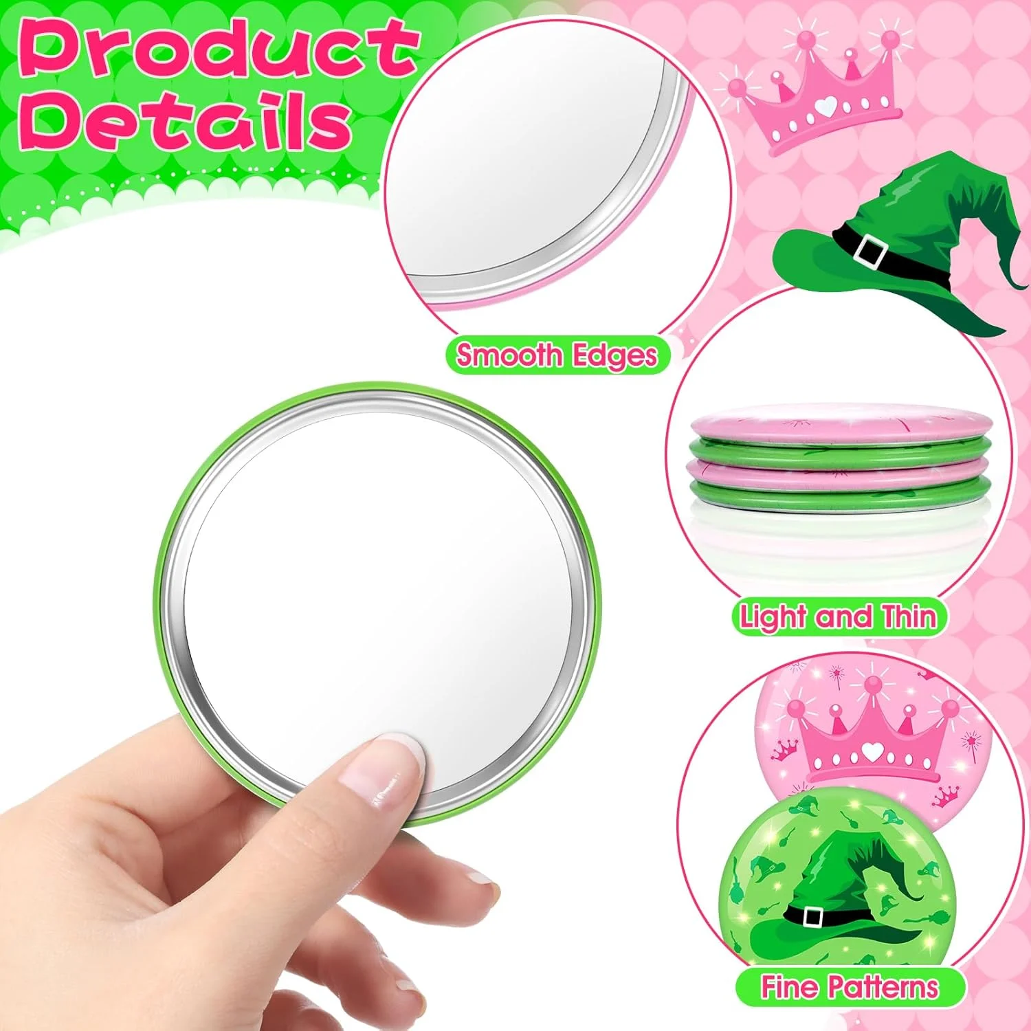 آینه جیبی قابل حمل آکایشی، 6 عددی، صورتی و سبز، آینه آرایشی کوچک 2.75 اینچی برای سفر، هدیه دخترانه، زنانه، دوستی، مهمانی