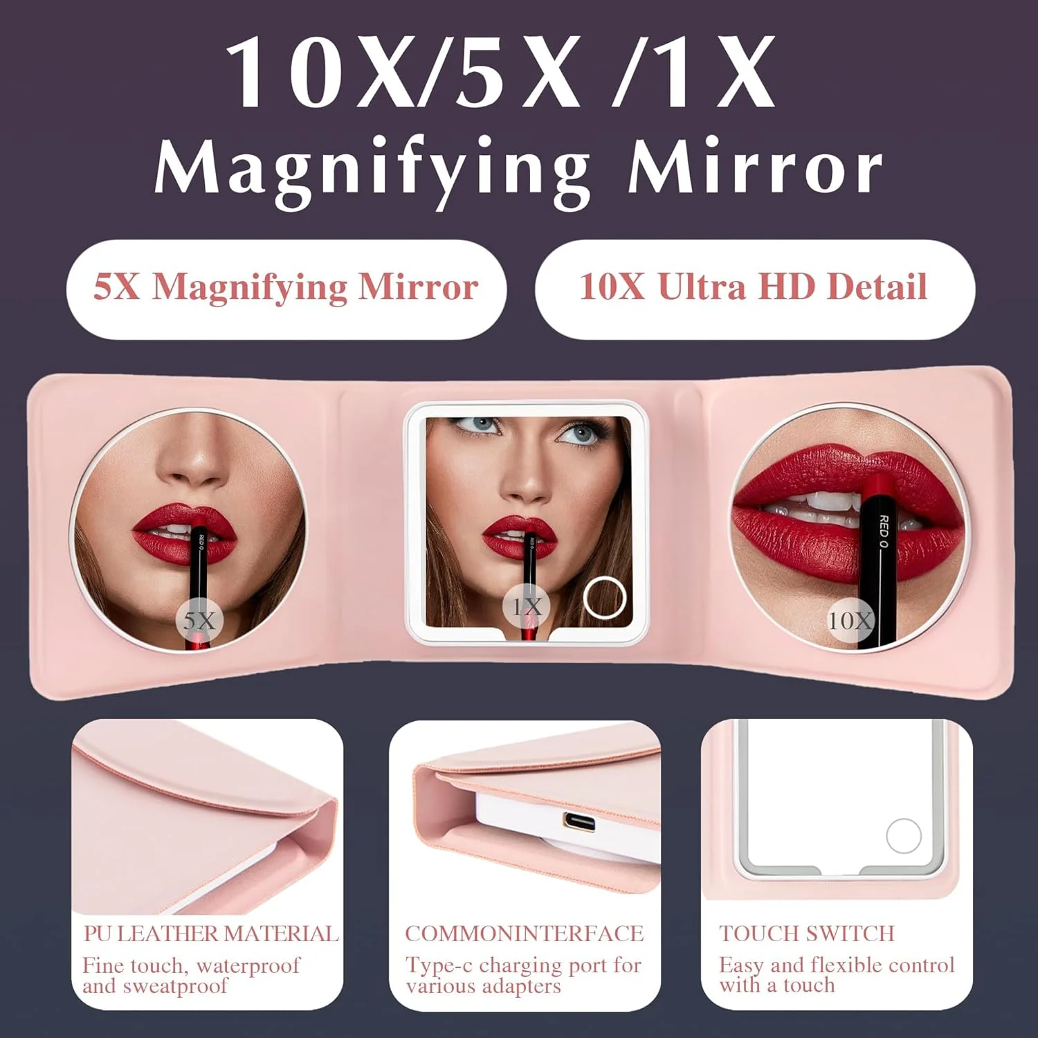 آینه آرایشی مسافرتی LED چرمی صورتی Amysmart - آینه جیبی سه تایی بزرگنمایی 1X/5X/10X، آینه دستی جمع و جور با نور برای کیف پول و مسافرت، آینه کوچک روشن برای هدیه (سه تایی صورتی)