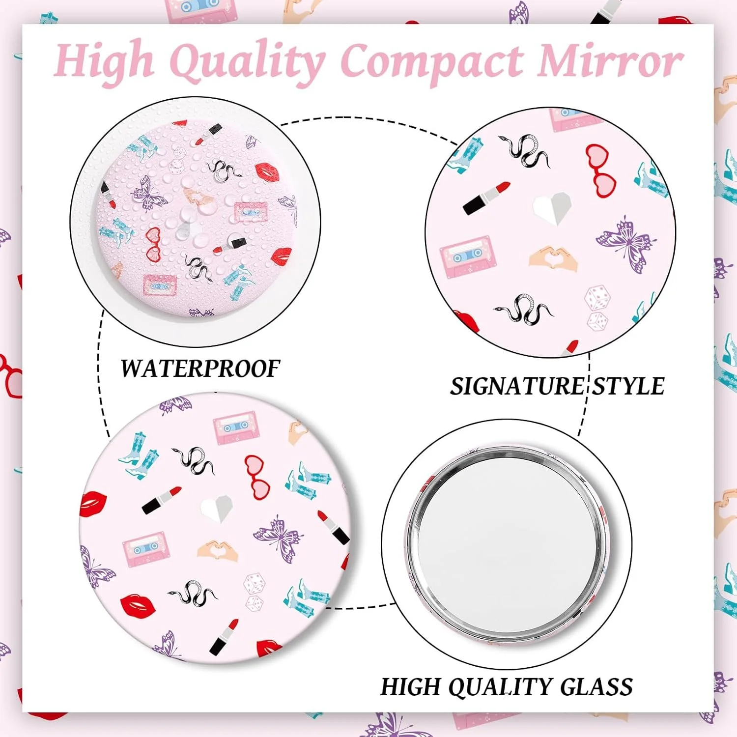 آینه جیبی فشرده 12 عددی برای لوازم مهمانی با تم دوران مختلف، آینه جیبی مهمانی کنسرت دوران مختلف 2.76 اینچی، مهمانی موسیقی دیسکو دهه 1990، آرایش گرد قدیمی قابل حمل برای هدایای تولد دخترانه، تزئینات مجردی