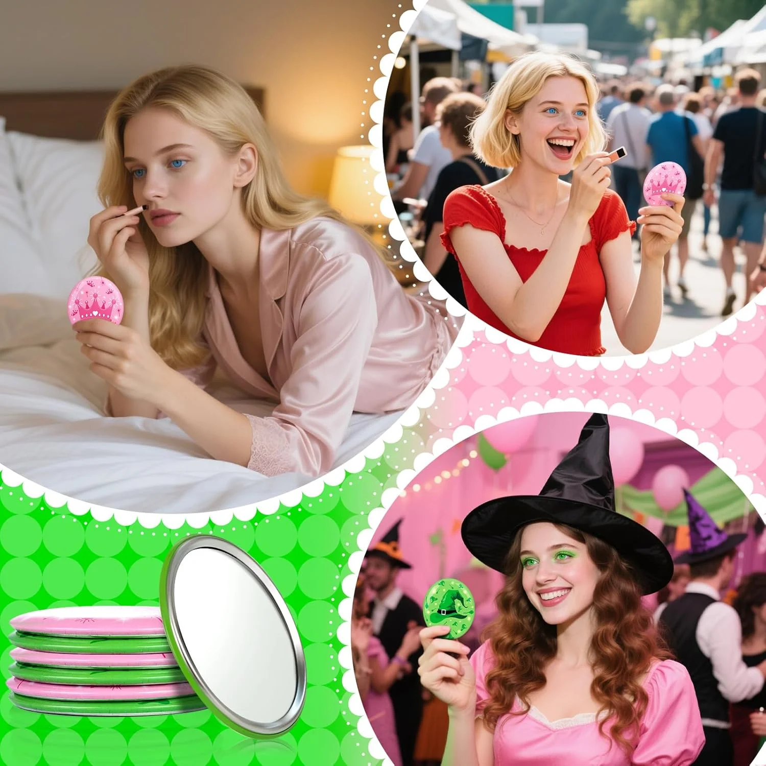 آینه جیبی قابل حمل آکایشی، 6 عددی، صورتی و سبز، آینه آرایشی کوچک 2.75 اینچی برای سفر، هدیه دخترانه، زنانه، دوستی، مهمانی