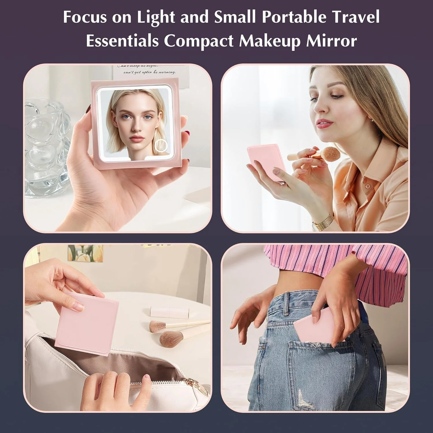 آینه آرایشی مسافرتی LED چرمی صورتی Amysmart - آینه جیبی سه تایی بزرگنمایی 1X/5X/10X، آینه دستی جمع و جور با نور برای کیف پول و مسافرت، آینه کوچک روشن برای هدیه (سه تایی صورتی)