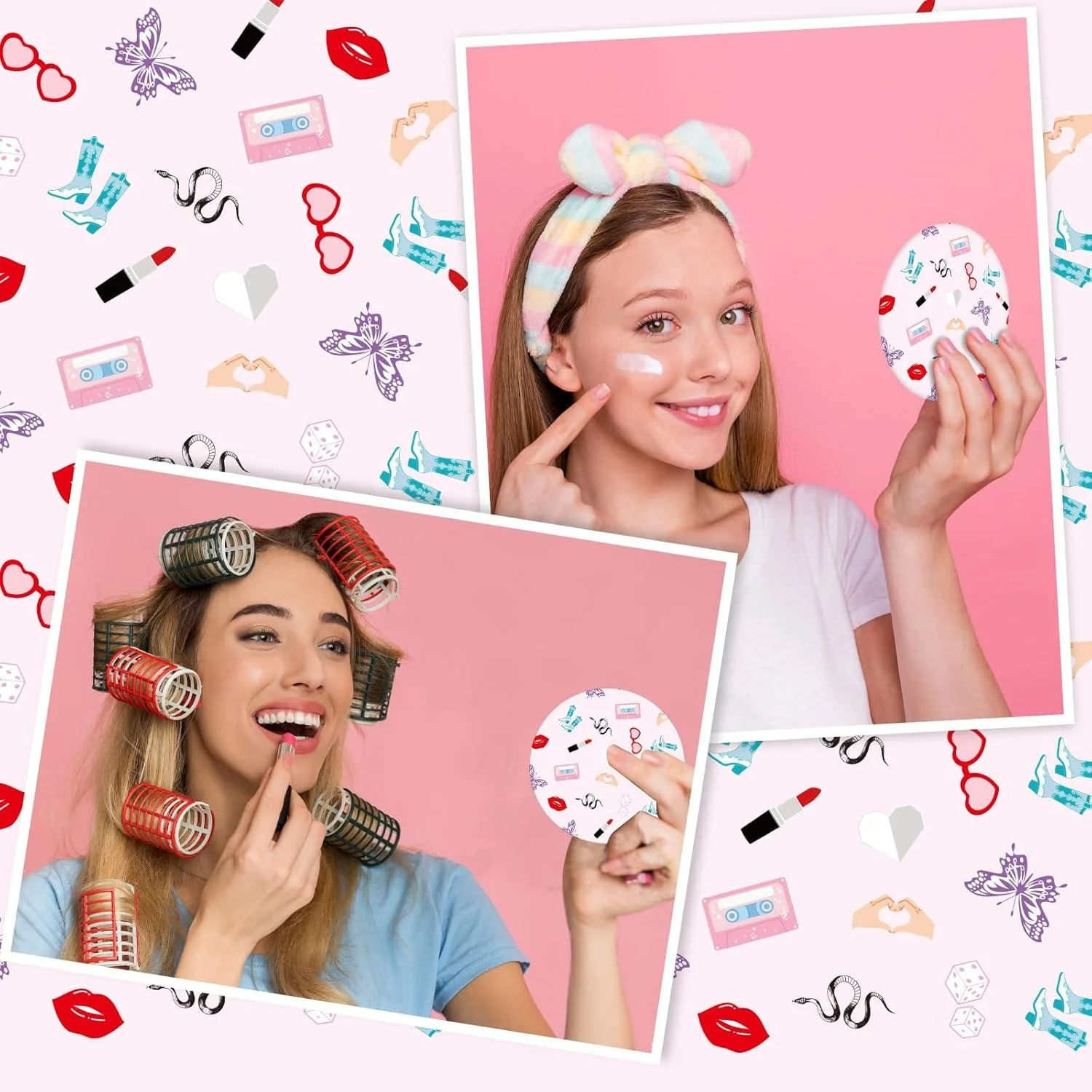 آینه جیبی فشرده 12 عددی برای لوازم مهمانی با تم دوران مختلف، آینه جیبی مهمانی کنسرت دوران مختلف 2.76 اینچی، مهمانی موسیقی دیسکو دهه 1990، آرایش گرد قدیمی قابل حمل برای هدایای تولد دخترانه، تزئینات مجردی