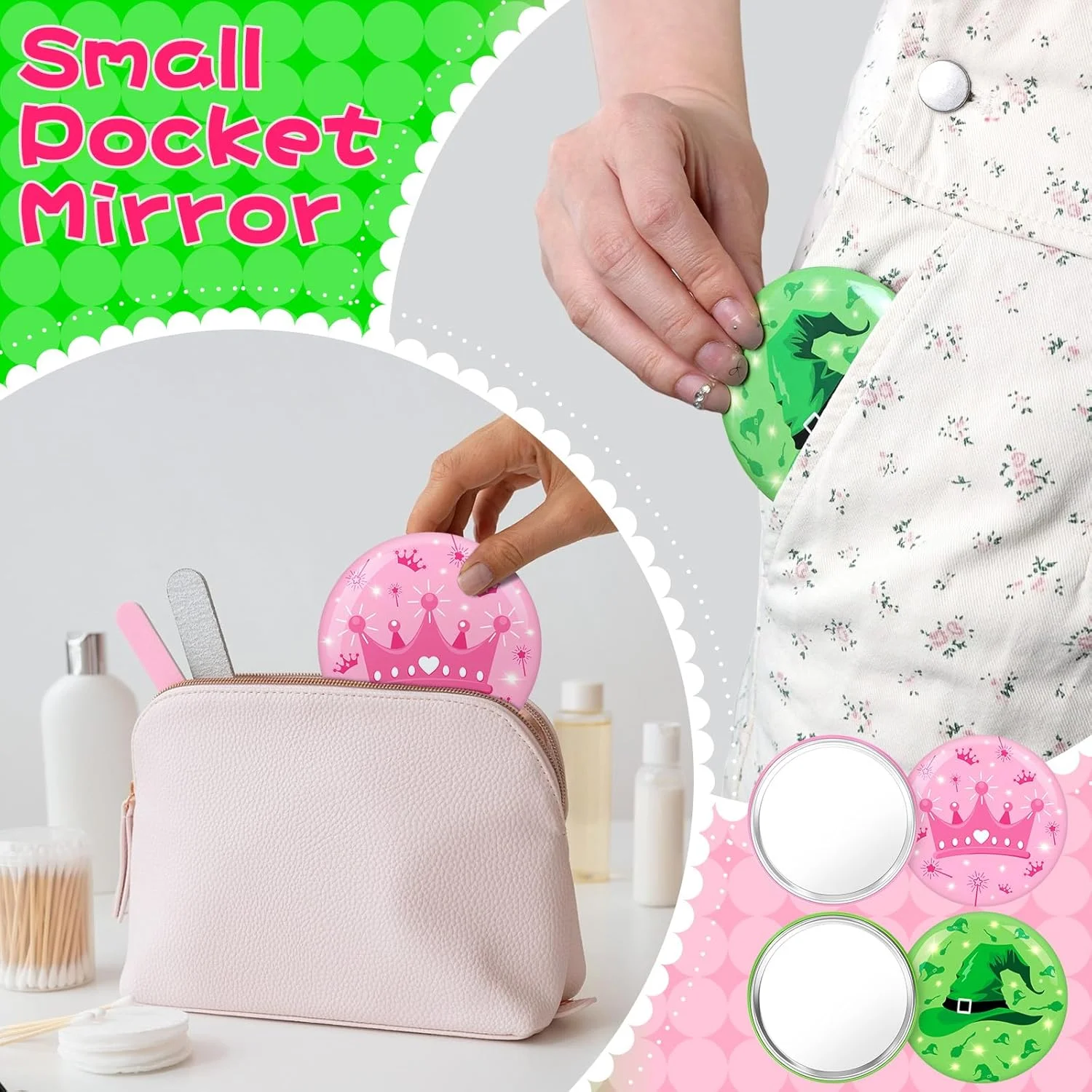 آینه جیبی قابل حمل آکایشی، 6 عددی، صورتی و سبز، آینه آرایشی کوچک 2.75 اینچی برای سفر، هدیه دخترانه، زنانه، دوستی، مهمانی
