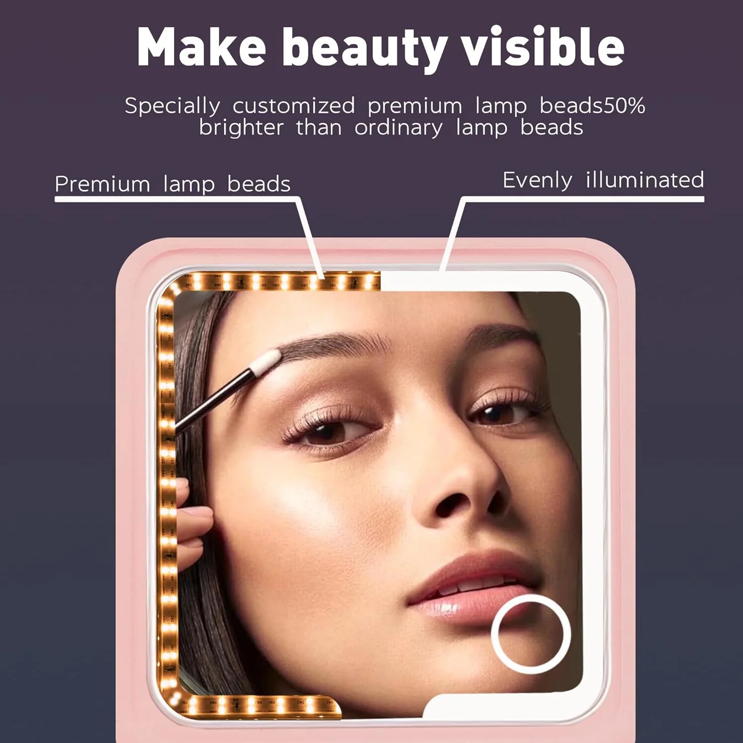 آینه آرایشی مسافرتی LED چرمی صورتی Amysmart - آینه جیبی سه تایی بزرگنمایی 1X/5X/10X، آینه دستی جمع و جور با نور برای کیف پول و مسافرت، آینه کوچک روشن برای هدیه (سه تایی صورتی)