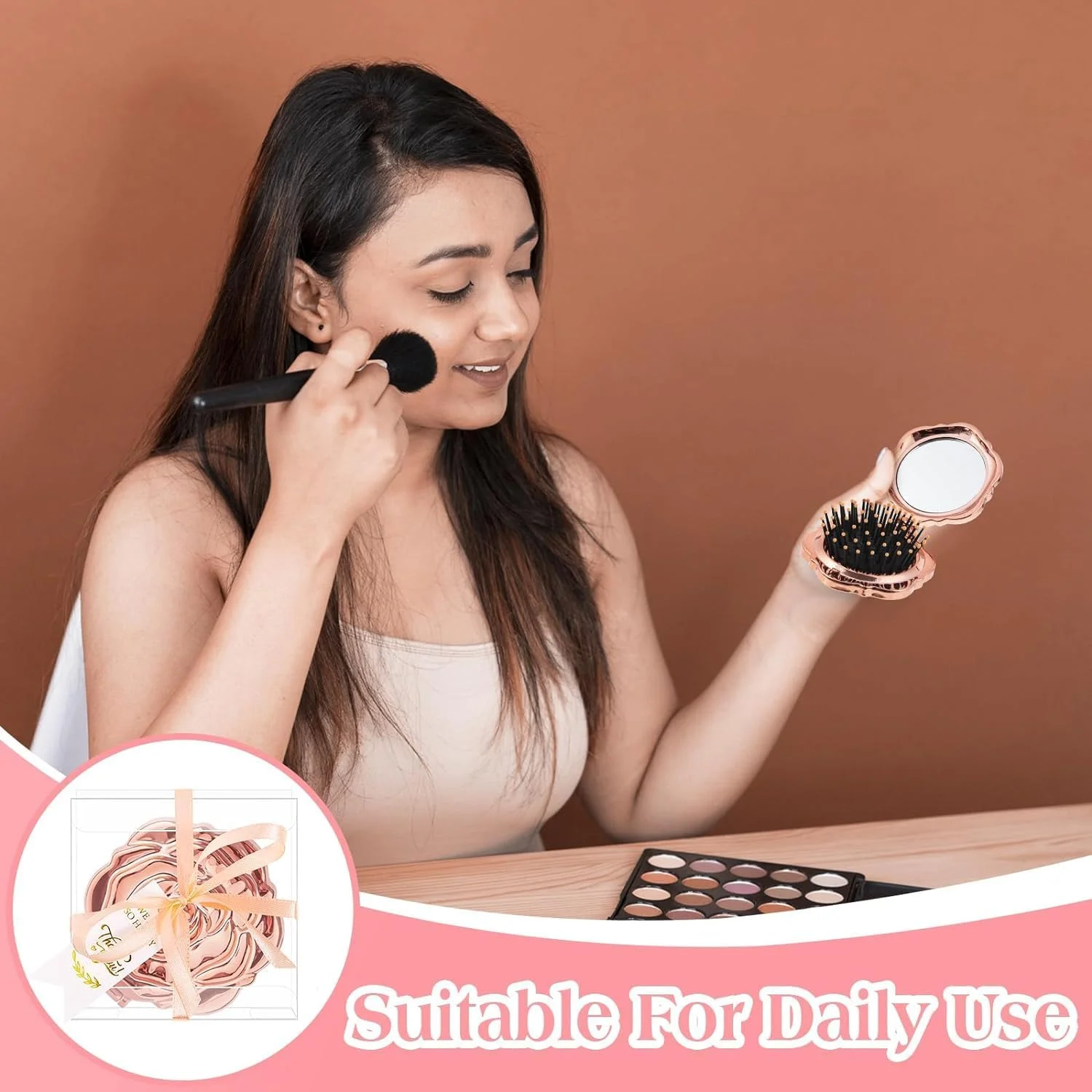 ست 12 تایی آینه جیبی رُز به همراه برس، مناسب گیفت مهمانی، عروسی، جشن پانزده سالگی (Quinceanera) و هدیه یادبود جشن عروس، شامل آینه جیبی رُز، برس، تگ تشکر و جعبه های شفاف به همراه روبان