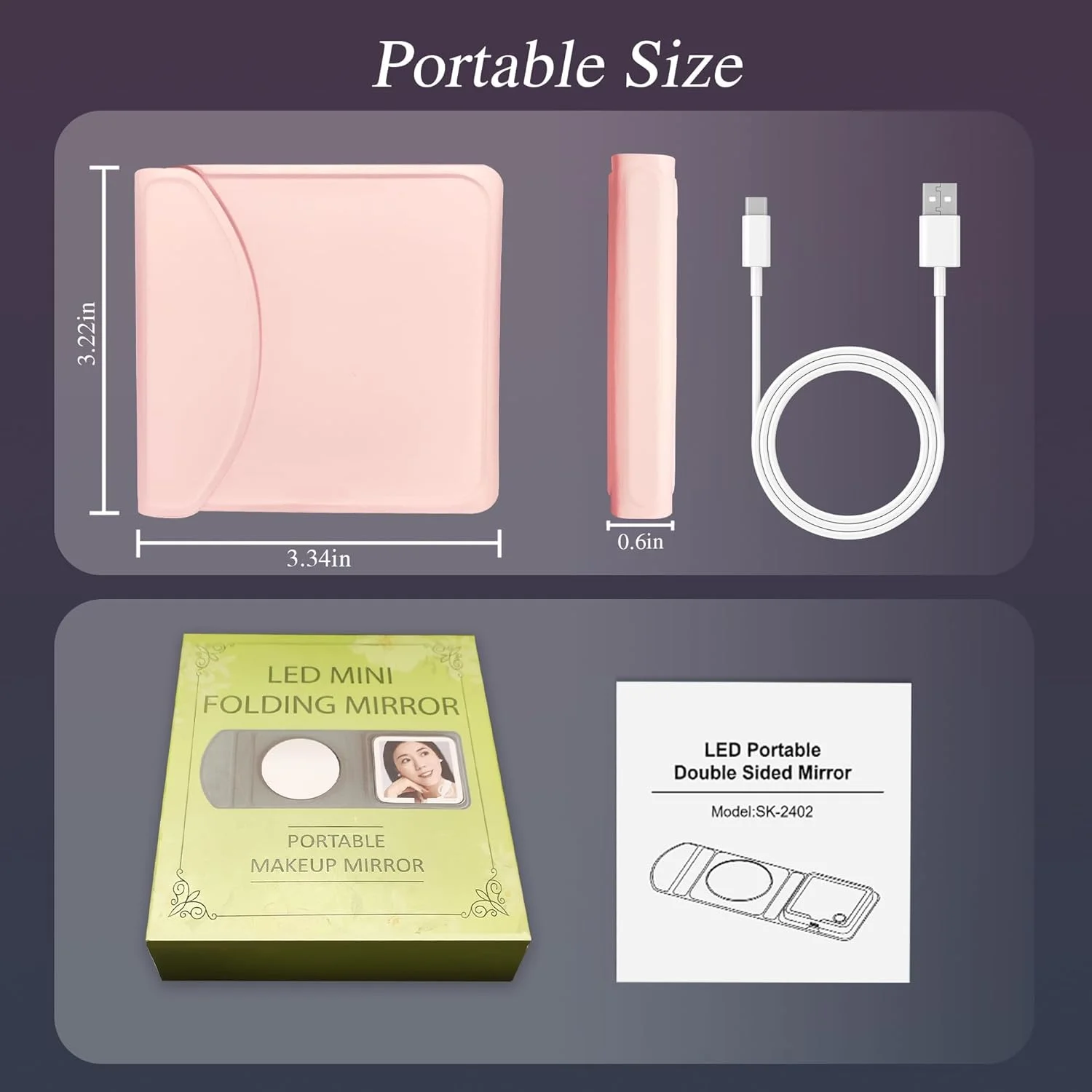آینه آرایشی مسافرتی LED چرمی صورتی Amysmart - آینه جیبی سه تایی بزرگنمایی 1X/5X/10X، آینه دستی جمع و جور با نور برای کیف پول و مسافرت، آینه کوچک روشن برای هدیه (سه تایی صورتی)