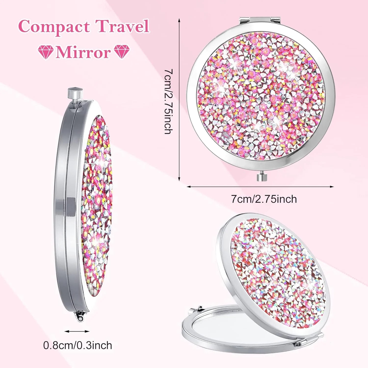 آینه آرایشی تاشو جیبی کوچک 16 عددی، بزرگنمایی 1X/2X، طرح الماس، قطر 7 سانتی متر، مناسب کیف دستی، آینه مسافرتی گرد برای آرایش بانوان و هدیه عروسی، نقره ای صورتی (نقره ای صورتی)