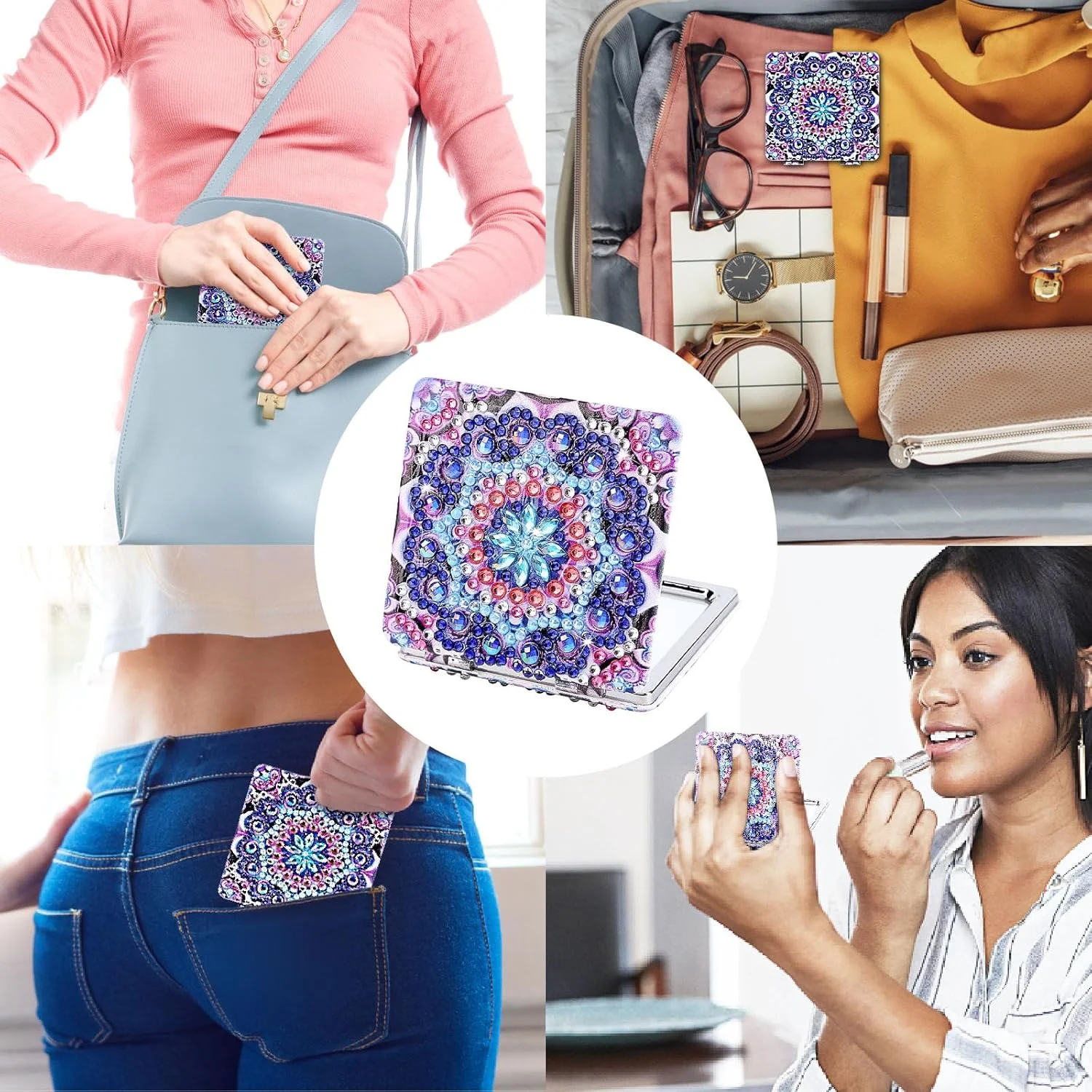 آینه آرایشی جمع و جور نقاشی الماسی، آینه جیبی DIY با پوشش نقاشی الماسی، آینه آرایشی دستی کوچک جیبی تاشو قابل حمل، کیت های هنری نقطه ای الماس برای کودکان مبتدی، 1 عدد