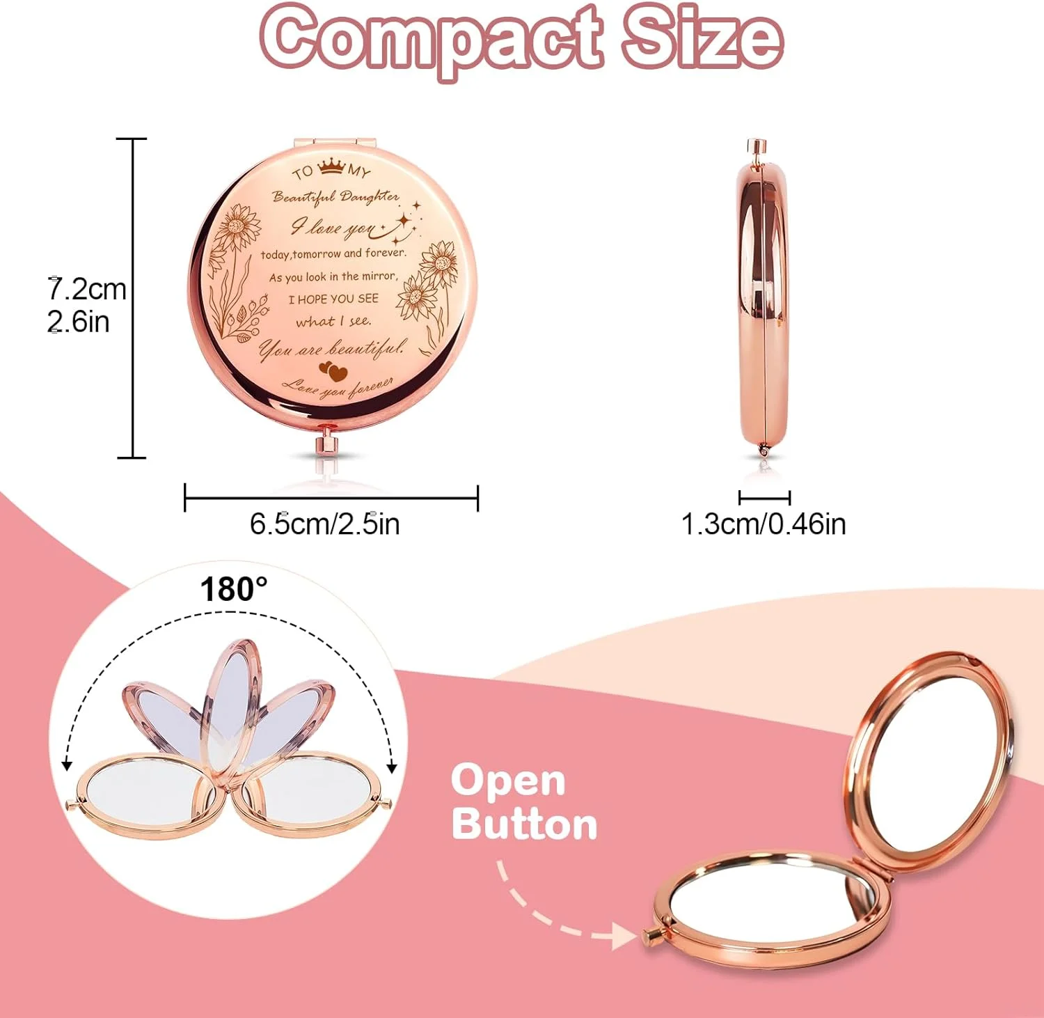 آینه آرایشی جیبی جمع و جور AmiCera، هدیه ای الهام بخش برای دختر، هدیه تولد دختر، هدیه ای برای تشویق دختر، آینه آرایشی مسافرتی برای دختر