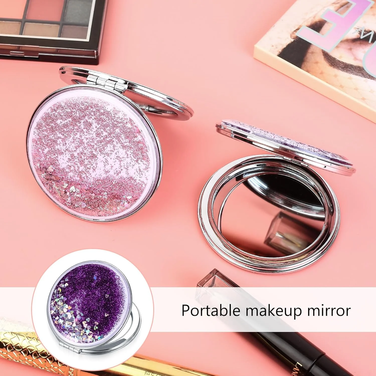 آینه جیبی ANBEEISS، 2 عدد آینه آرایشی تاشو دو طرفه، آینه دستی گرد برای کیف پول، مناسب برای زنان، دختران و مردان