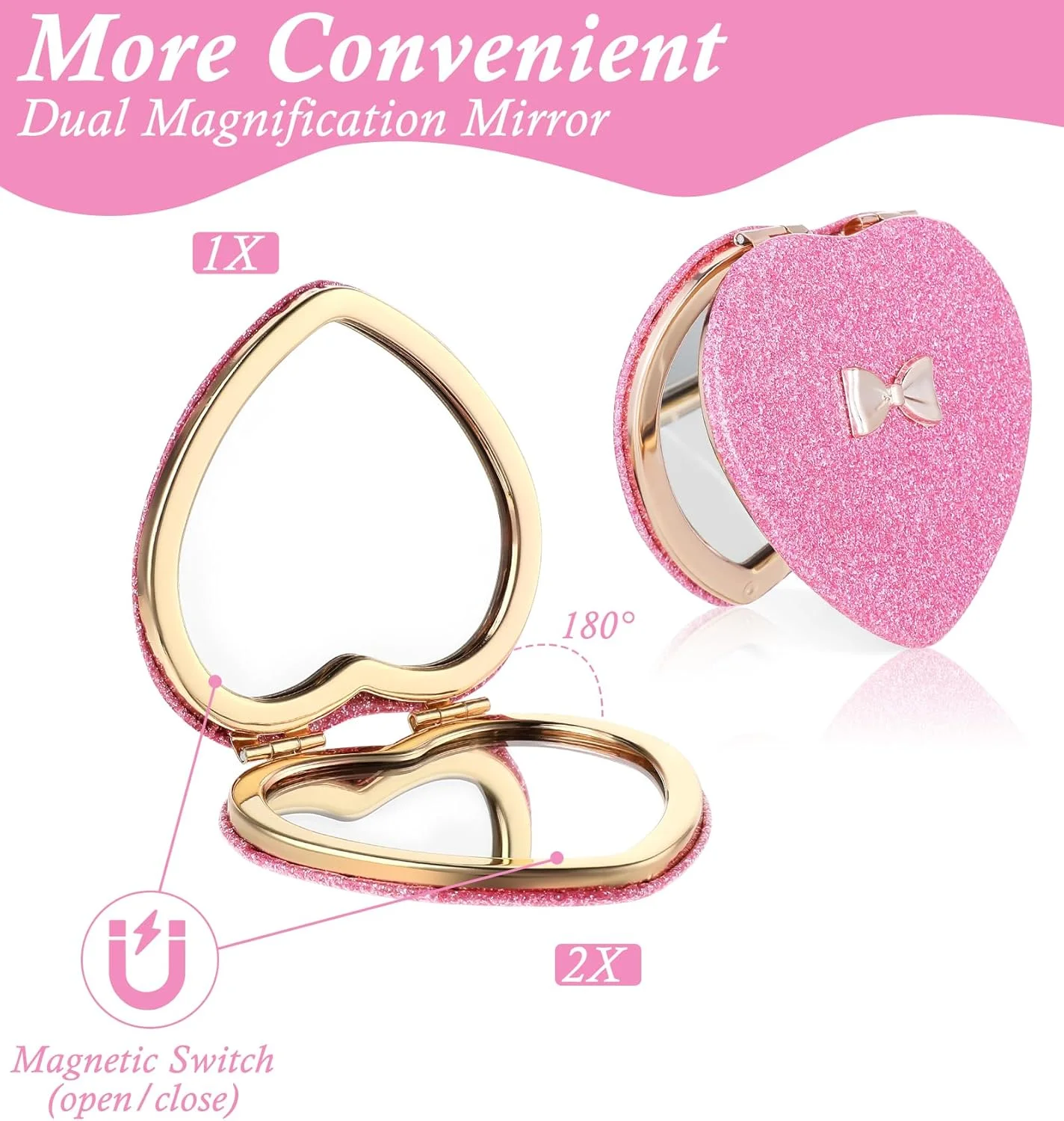 آینه جیبی دو عددی صورتی، آینه تاشو قلبی دو طرفه با طراحی زیبا و بسته شدن مغناطیسی برای دختران، زنان، کودکان، منزل، محل کار، روز ولنتاین
