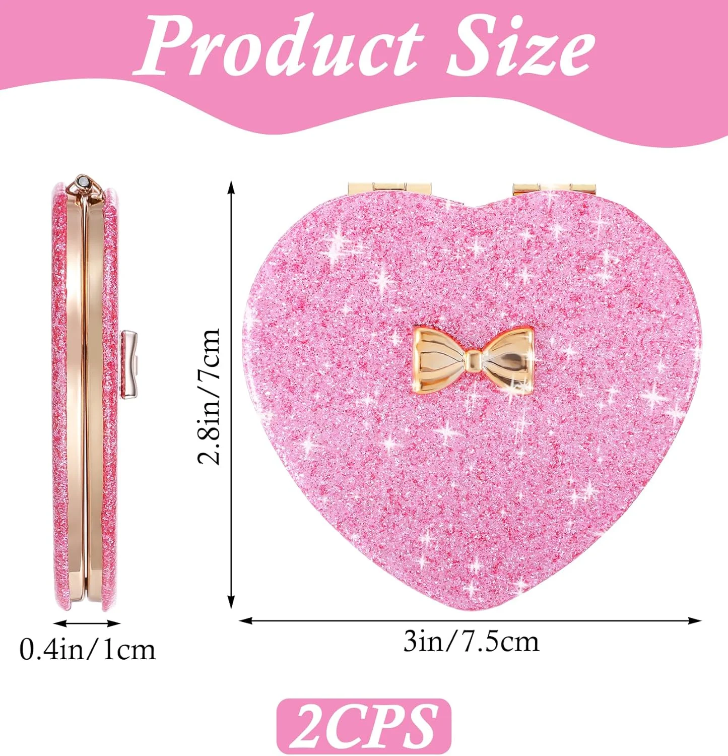 آینه جیبی دو عددی صورتی، آینه تاشو قلبی دو طرفه با طراحی زیبا و بسته شدن مغناطیسی برای دختران، زنان، کودکان، منزل، محل کار، روز ولنتاین