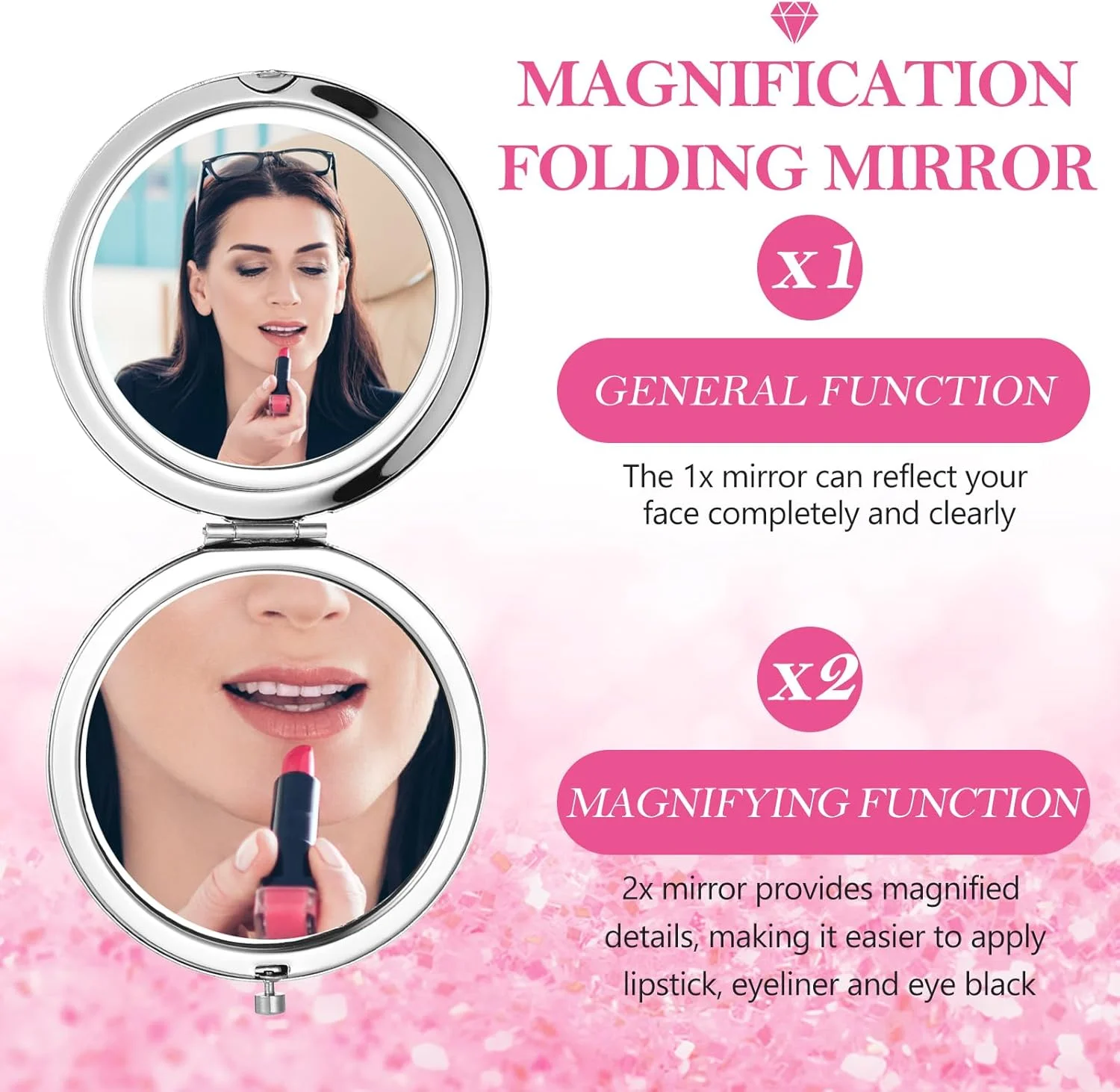 آینه آرایشی تاشو جیبی کوچک 16 عددی، بزرگنمایی 1X/2X، طرح الماس، قطر 7 سانتی متر، مناسب کیف دستی، آینه مسافرتی گرد برای آرایش بانوان و هدیه عروسی، نقره ای صورتی (نقره ای صورتی)