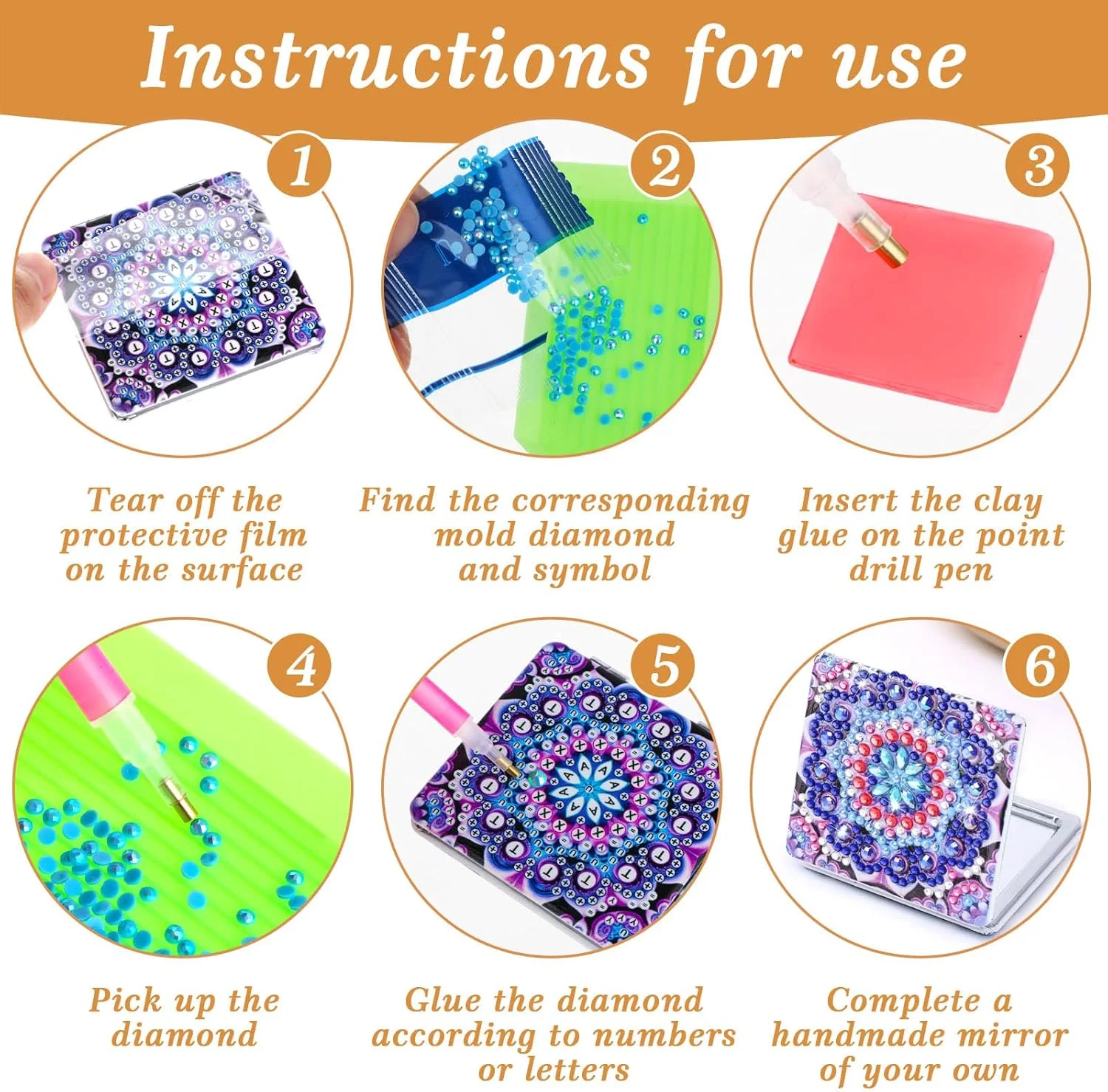 آینه آرایشی جمع و جور نقاشی الماسی، آینه جیبی DIY با پوشش نقاشی الماسی، آینه آرایشی دستی کوچک جیبی تاشو قابل حمل، کیت های هنری نقطه ای الماس برای کودکان مبتدی، 1 عدد