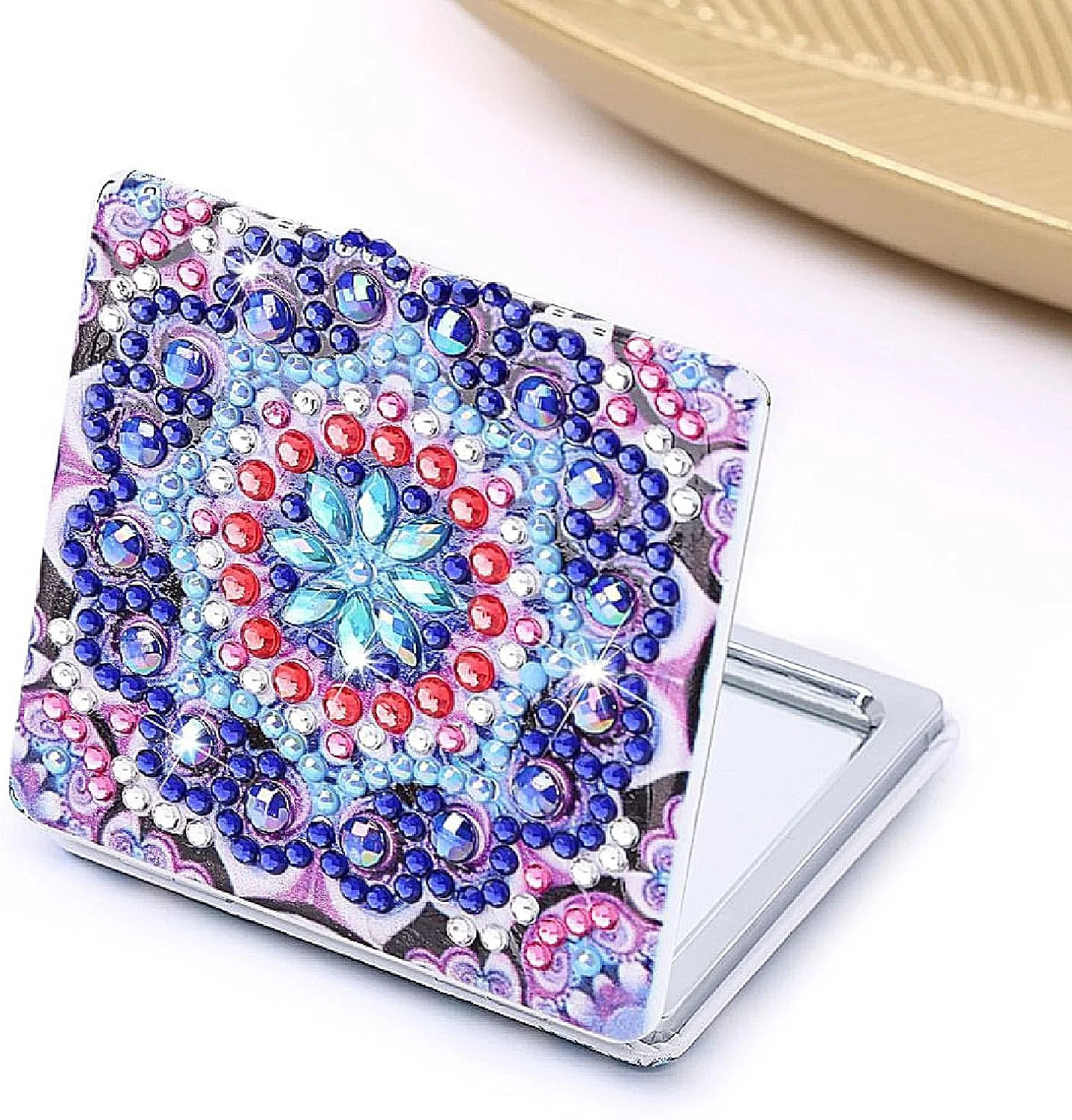 آینه آرایشی جمع و جور نقاشی الماسی، آینه جیبی DIY با پوشش نقاشی الماسی، آینه آرایشی دستی کوچک جیبی تاشو قابل حمل، کیت های هنری نقطه ای الماس برای کودکان مبتدی، 1 عدد