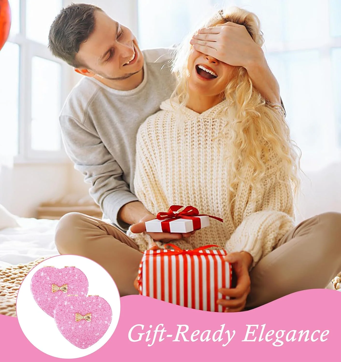 آینه جیبی دو عددی صورتی، آینه تاشو قلبی دو طرفه با طراحی زیبا و بسته شدن مغناطیسی برای دختران، زنان، کودکان، منزل، محل کار، روز ولنتاین