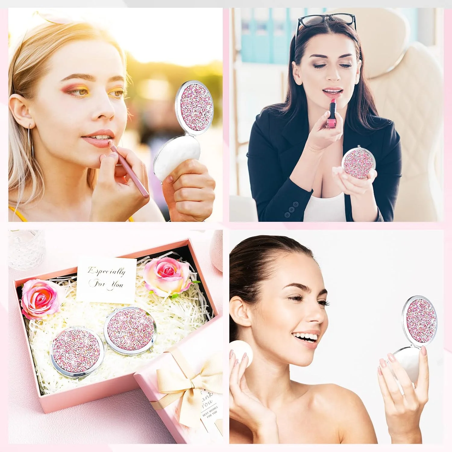 آینه آرایشی تاشو جیبی کوچک 16 عددی، بزرگنمایی 1X/2X، طرح الماس، قطر 7 سانتی متر، مناسب کیف دستی، آینه مسافرتی گرد برای آرایش بانوان و هدیه عروسی، نقره ای صورتی (نقره ای صورتی)