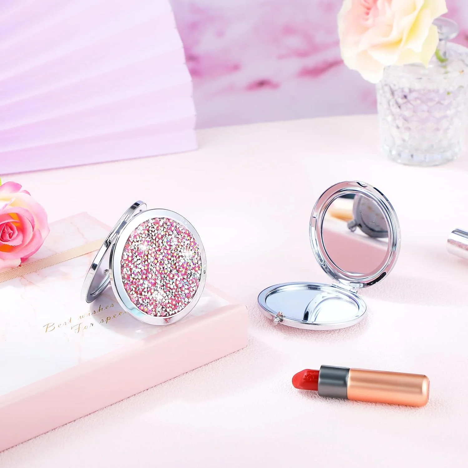 آینه آرایشی تاشو جیبی کوچک 16 عددی، بزرگنمایی 1X/2X، طرح الماس، قطر 7 سانتی متر، مناسب کیف دستی، آینه مسافرتی گرد برای آرایش بانوان و هدیه عروسی، نقره ای صورتی (نقره ای صورتی)