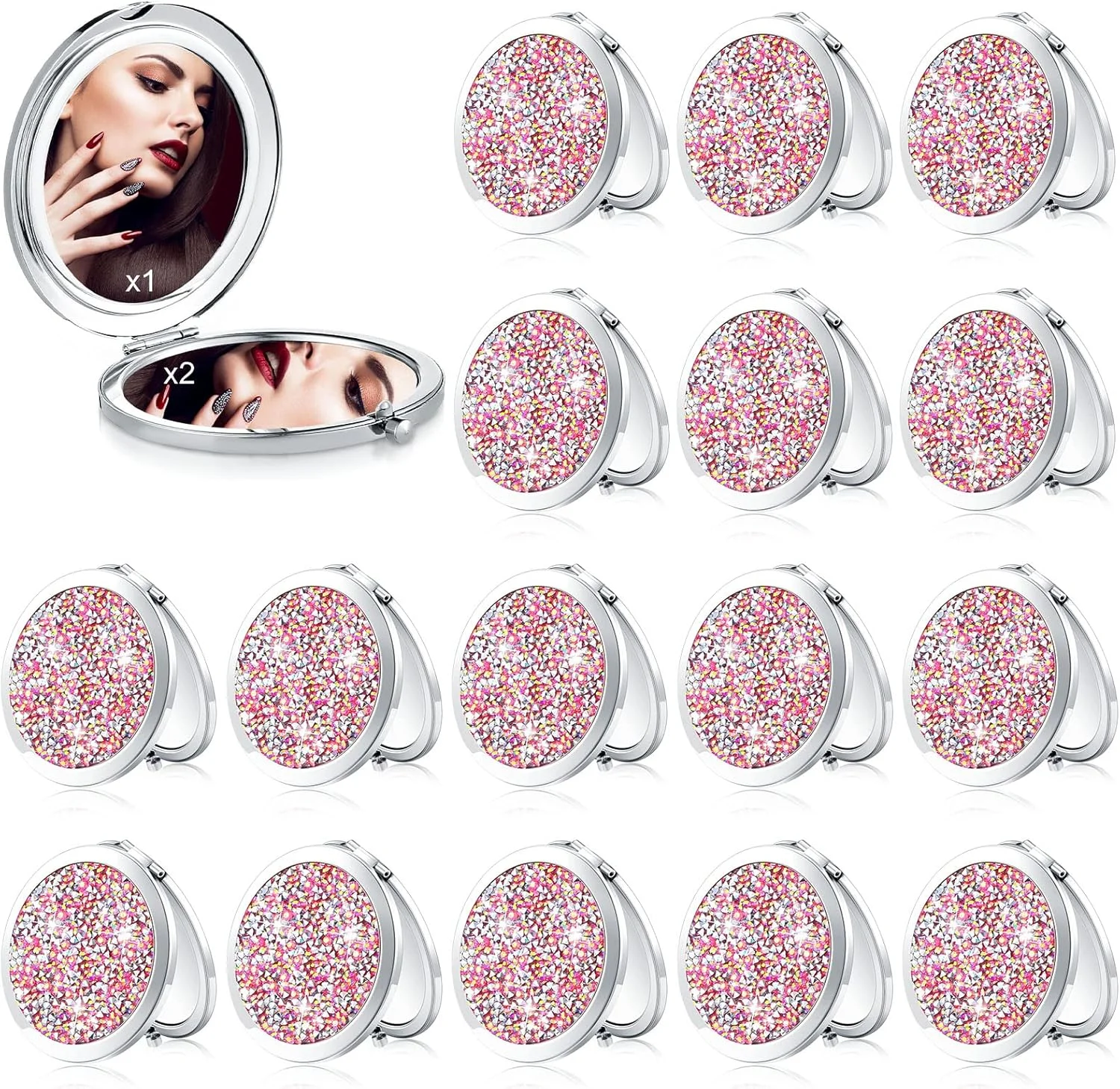 آینه آرایشی تاشو جیبی کوچک 16 عددی، بزرگنمایی 1X/2X، طرح الماس، قطر 7 سانتی متر، مناسب کیف دستی، آینه مسافرتی گرد برای آرایش بانوان و هدیه عروسی، نقره ای صورتی (نقره ای صورتی)