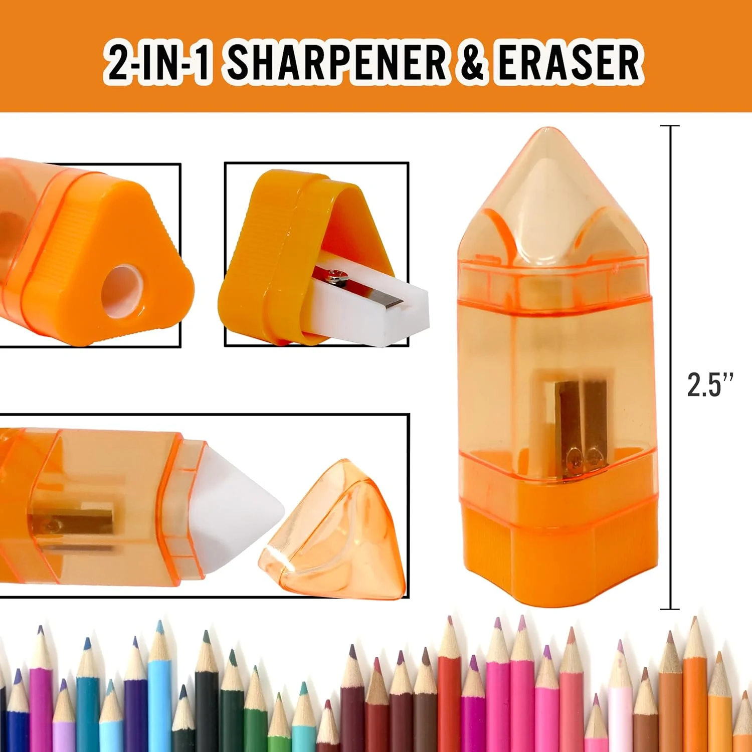 تراش دستی مداد با پاک کن - تراش مداد رنگی زیبا با درپوش و مخزن بسته 24 عددی - لوازم مدرسه جالب