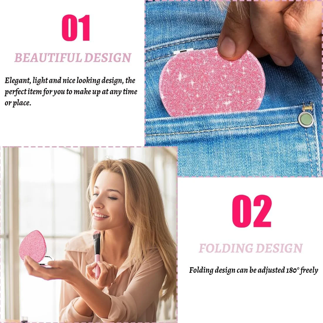 آینه جیبی تاشو PU قابل حمل، 72 میلی متر، مناسب کیف پول، آرایش و مسافرت (قلب صورتی)، یک عدد آینه جیبی تاشو PU قابل حمل، 72 میلی متر، مناسب کیف پول، آرایش و مسافرت (قلب صورتی)، یک عدد