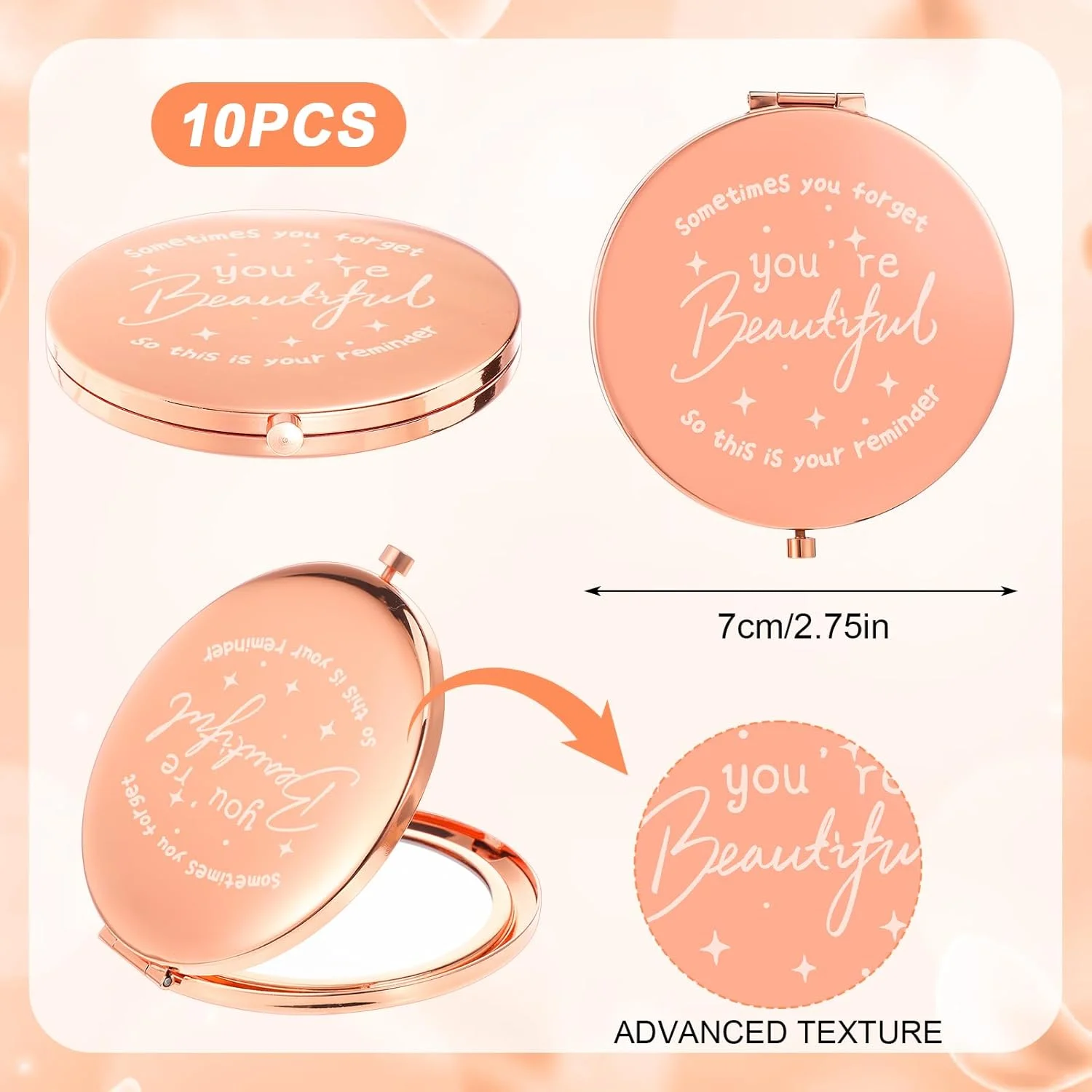 آینه جیبی فشرده الهام بخش 10 عددی، آینه دو طرفه بزرگنمایی 1x/2x، آینه فشرده فلزی نگین دار 2.75 اینچی، هدایای قدردانی الهام بخش برای روز ولنتاین، زنان، پرستاران و دوستان