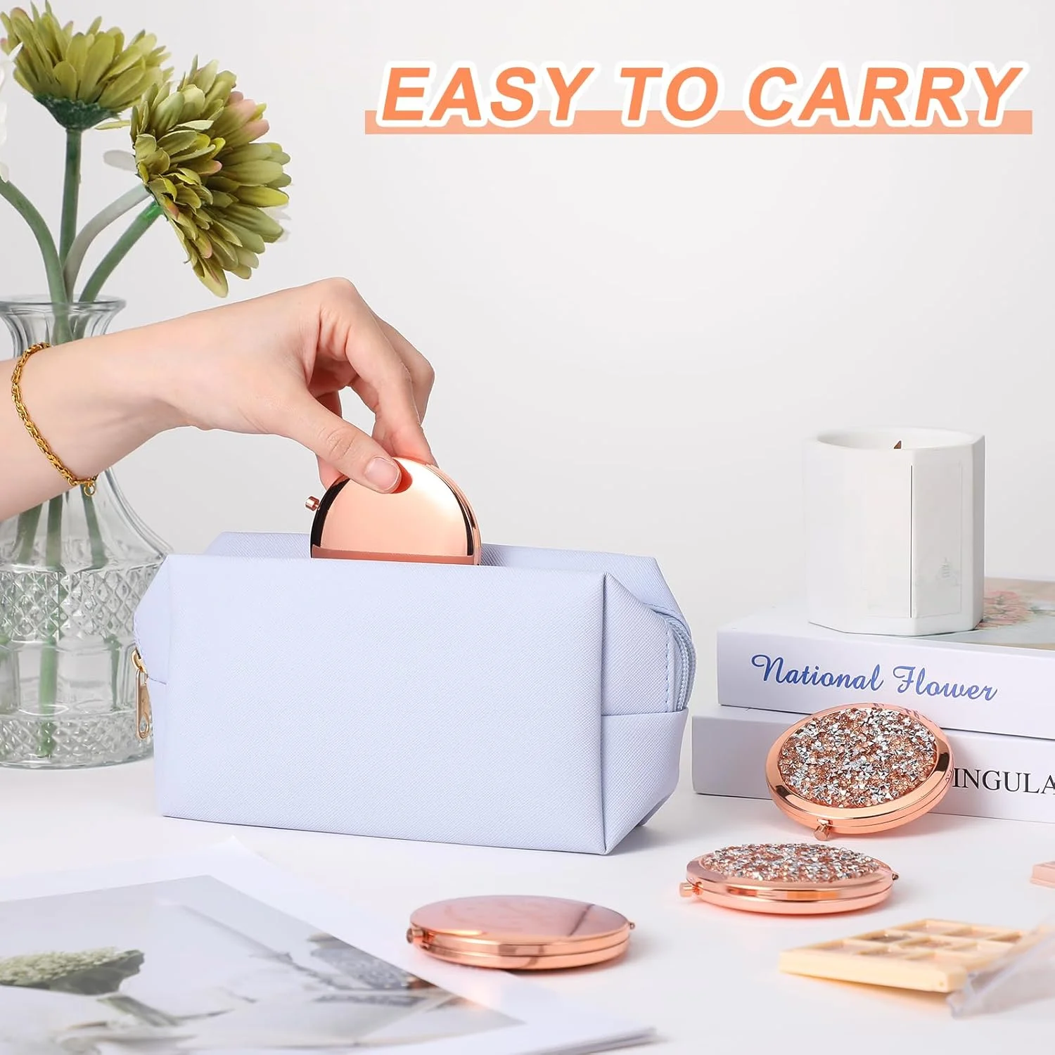 آینه جیبی فشرده الهام بخش 10 عددی، آینه دو طرفه بزرگنمایی 1x/2x، آینه فشرده فلزی نگین دار 2.75 اینچی، هدایای قدردانی الهام بخش برای روز ولنتاین، زنان، پرستاران و دوستان