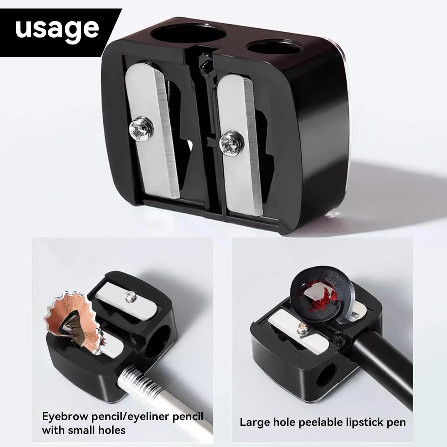 تراش آرایشی مداد دو سوراخه، تراش خط لب، مداد چشم و مداد ابرو، تراش آرایشی با درب جداشدنی، تراش های مناسب مسافرت، مناسب برای تمام مدادهای آرایشی