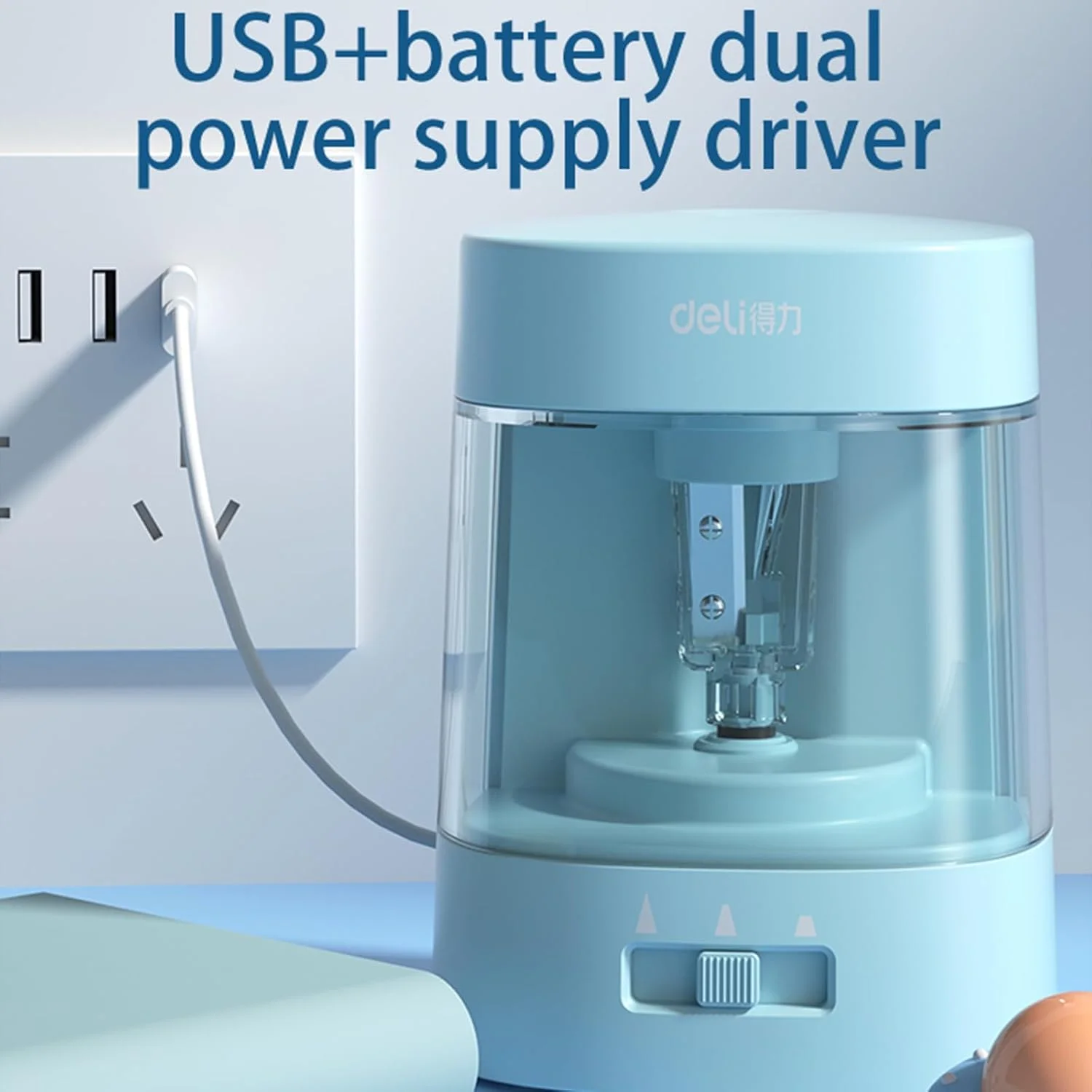 تراش برقی دلی مدل VA3 با تیغه تنگستن، با قابلیت استفاده با USB/باتری، ظرفیت 100 مداد، محفظه شفاف جمع آوری تراشه - آبی تراش برقی دلی مدل VA3 با تیغه تنگستن، با قابلیت استفاده با USB/باتری، ظرفیت 100 مداد، محفظه شفاف جمع آوری تراشه - آبی