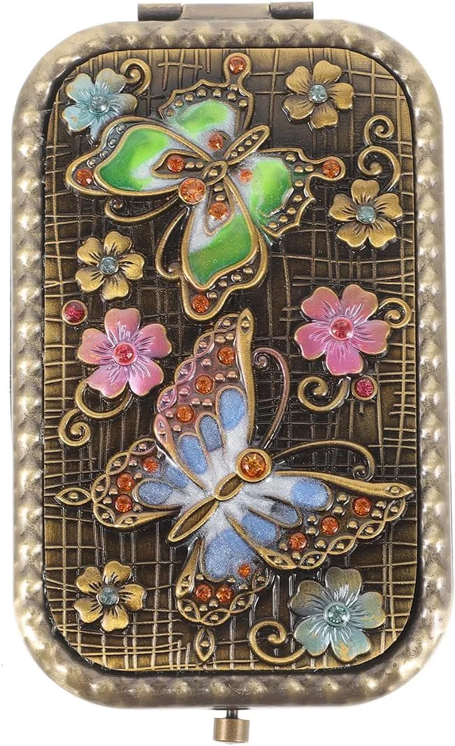 آینه جیبی تاشو Beaupretty، آینه آرایشی رترو دو طرفه، آینه کوچک مربعی قابل حمل، طرح پروانه