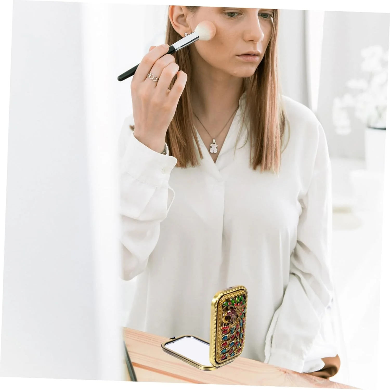 آینه آرایشی رومیزی تاشو Beaupretty با طرح طاووس - آینه جیبی کوچک دو طرفه مناسب مسافرت