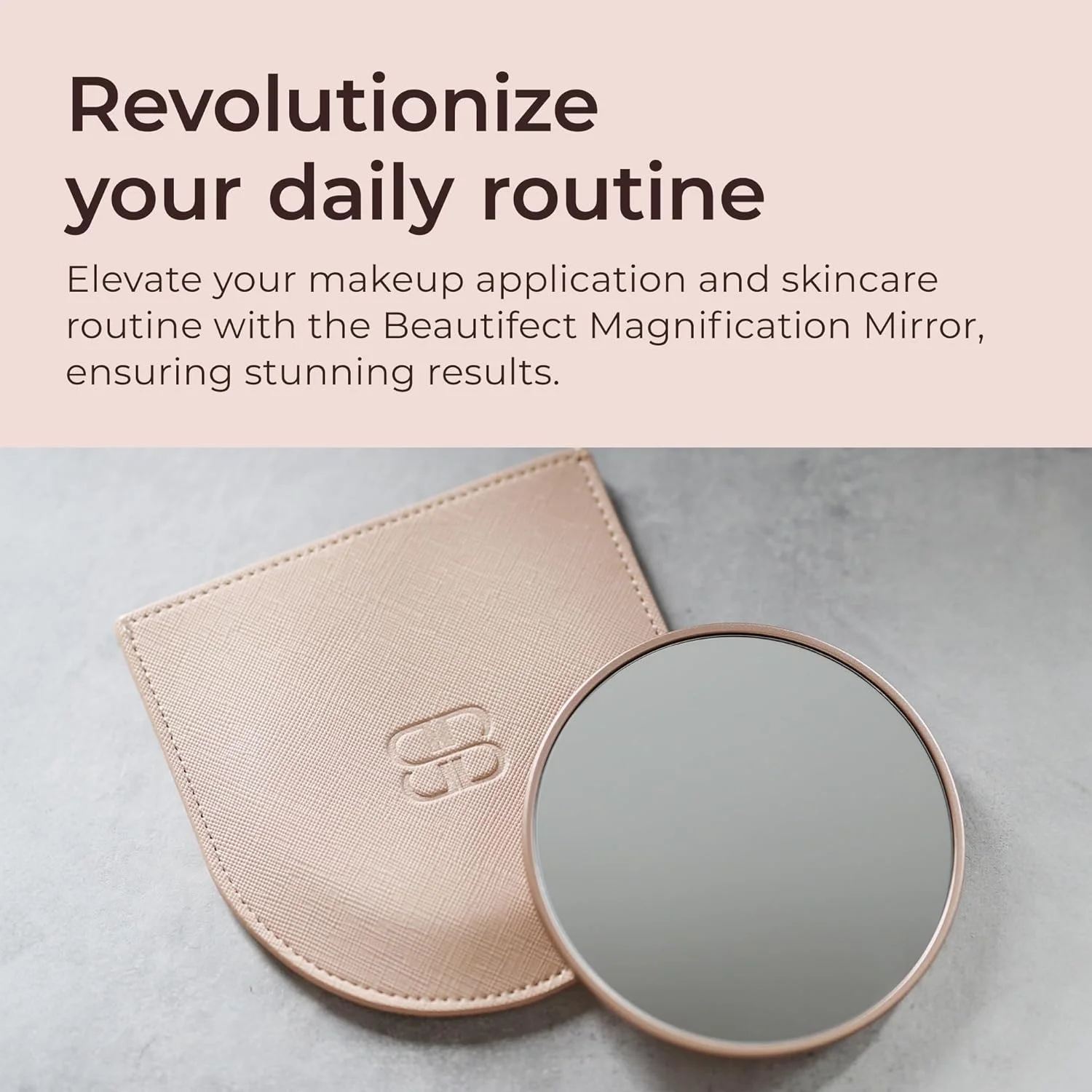 آینه بزرگنمایی 10 برابر Beautifect - آینه مسافرتی جمع و جور با روکش چرم گیاهی - طلایی مات