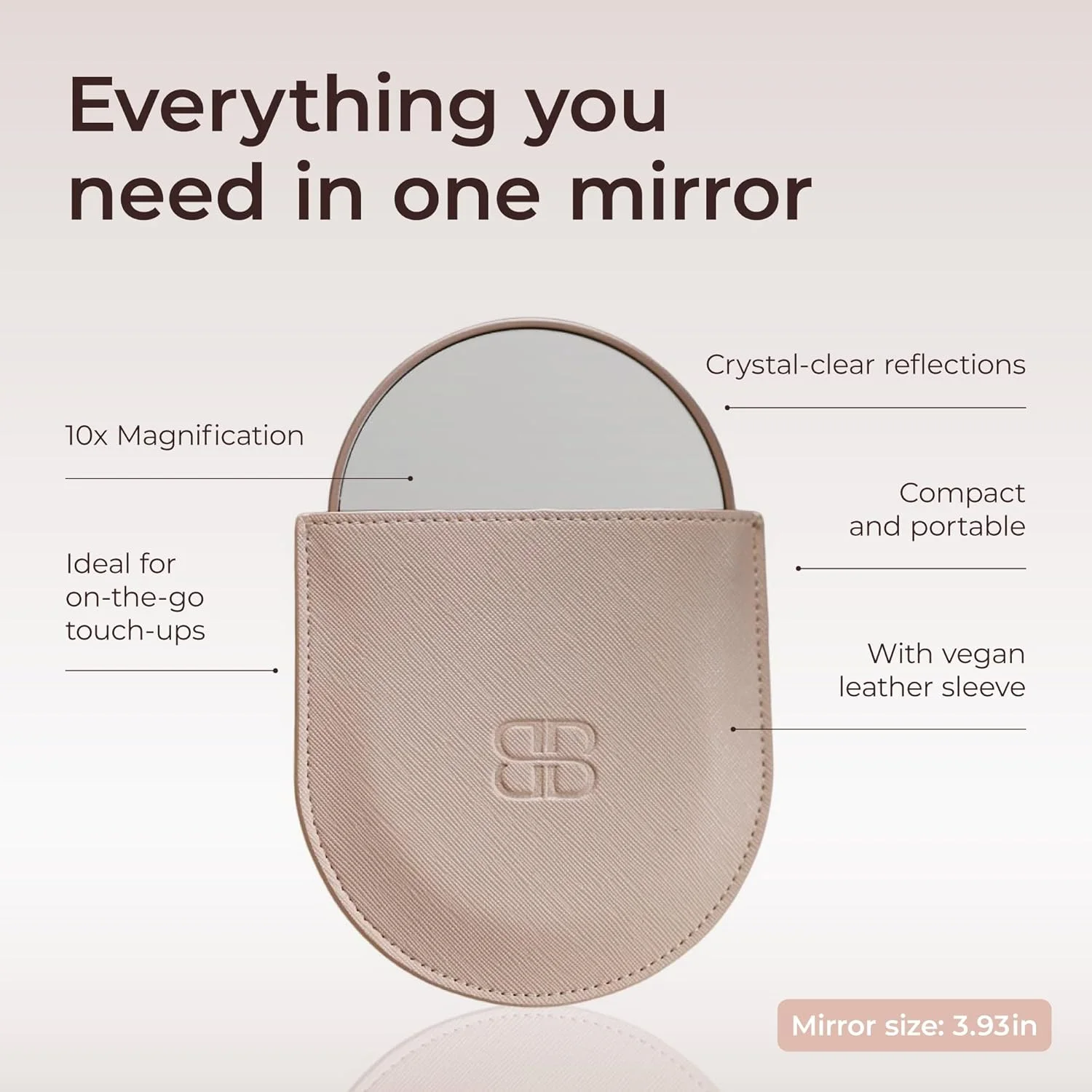 آینه بزرگنمایی 10 برابر Beautifect - آینه مسافرتی جمع و جور با روکش چرم گیاهی - طلایی مات