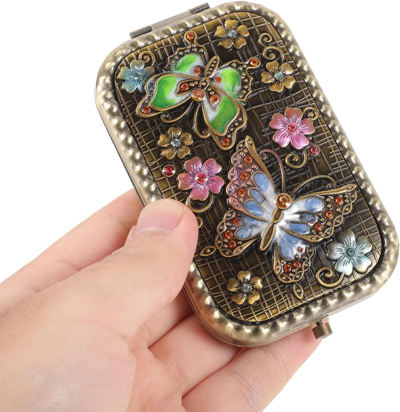 آینه جیبی تاشو Beaupretty، آینه آرایشی رترو دو طرفه، آینه کوچک مربعی قابل حمل، طرح پروانه