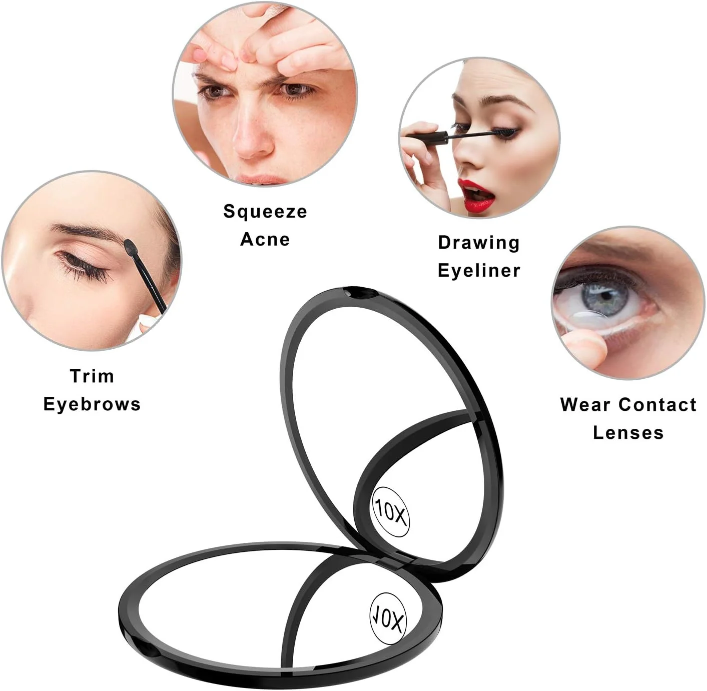 آینه آرایشی فشرده عالی Benbilry - آینه آرایشی مسافرتی با بزرگنمایی 1x/10x - آینه تاشو کوچک قابل حمل جیبی 4 اینچی دو طرفه با بزرگنمایی 1x و 10x (مشکی)