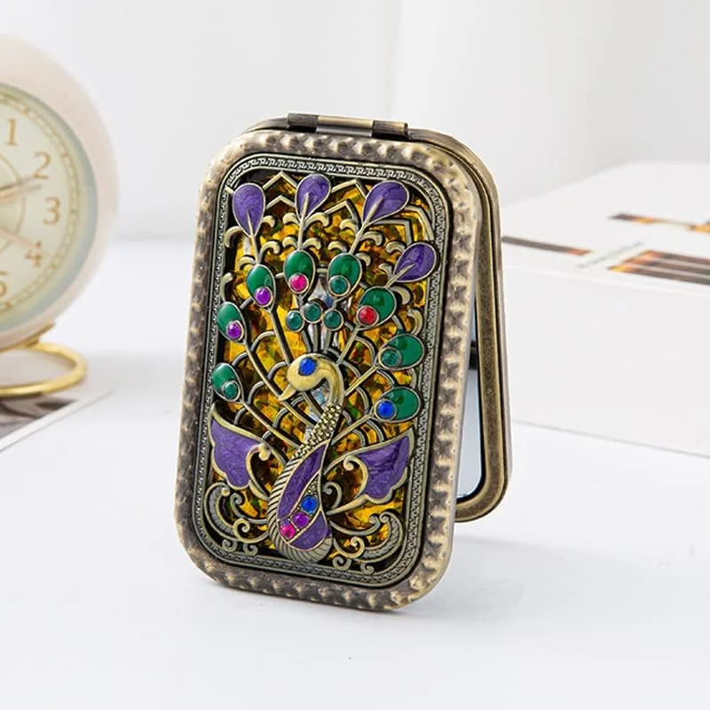 آینه آرایشی وینتیج BYVUTE، آینه جیبی فلزی تاشو قابل حمل طرح طاووس و گل، آینه دو طرفه جمع و جور لوازم آرایشی، آینه مسافرتی برای دختران و زنان