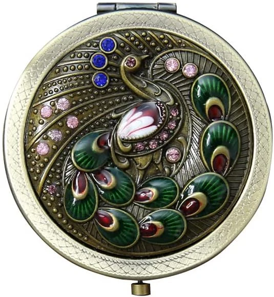 آینه آرایشی وینتیج BYVUTE، آینه جیبی فلزی تاشو قابل حمل، آینه رومیزی طرح گل و طاووس، آینه آرایشی دو طرفه گرد و جمع و جور، آینه مسافرتی برای دختران و زنان