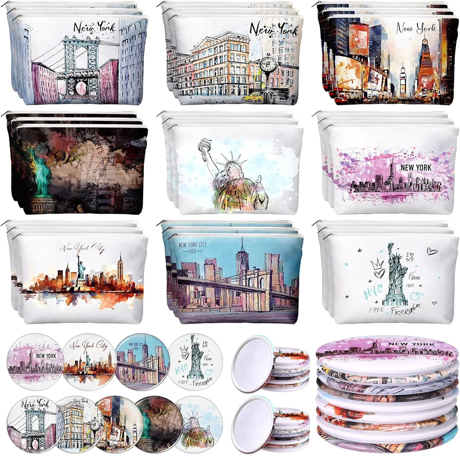 بولییو، ست 36 عددی سوغاتی نیویورک، کیف لوازم آرایشی هدیه سفر نیویورک، آینه های گرد کوچک، سوغاتی های NYC، هدایای با تم شهر برای دختران، زنان، دوستان، هدیه های سفر، جشن تولد، مهمانی کریسمس