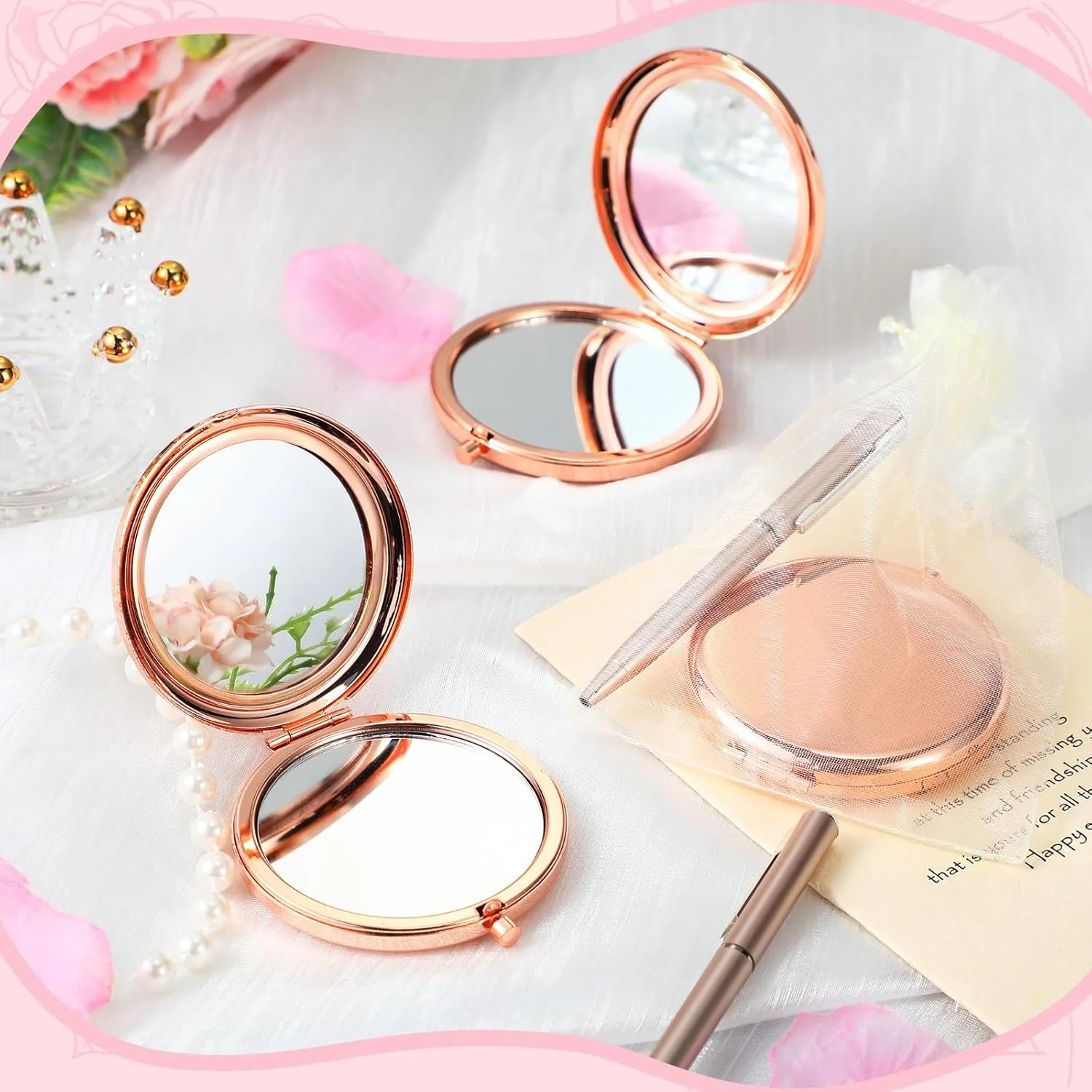 مجموعه 6 عددی آینه جیبی Briwooody، مناسب هدیه عروسی، دارای دو طرف آینه با بزرگنمایی 1X/2X، به همراه کیف توری و قلم (رزگلد)