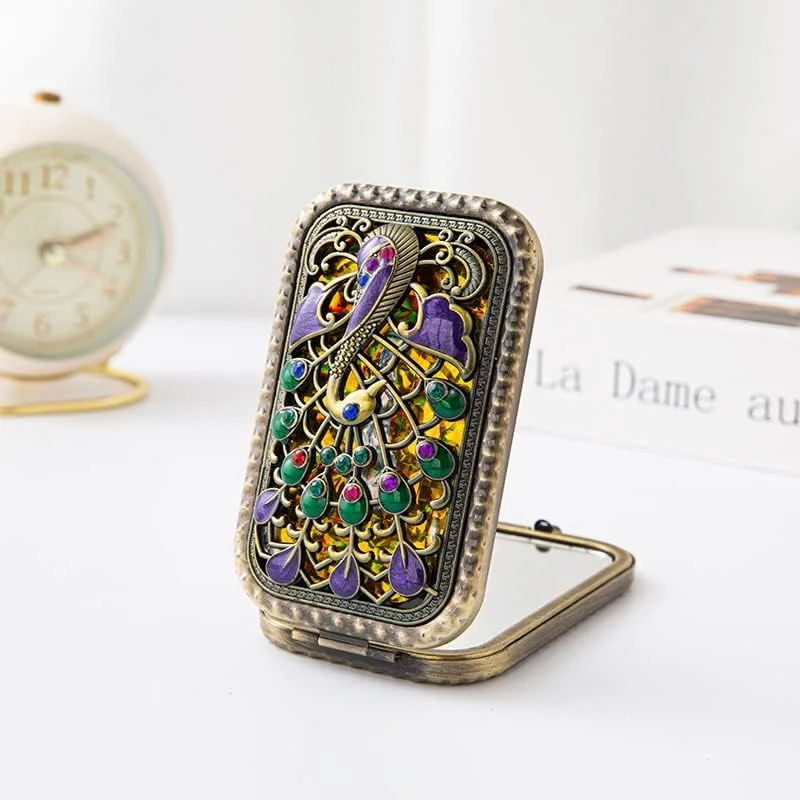 آینه آرایشی وینتیج BYVUTE، آینه جیبی فلزی تاشو قابل حمل طرح طاووس و گل، آینه دو طرفه جمع و جور لوازم آرایشی، آینه مسافرتی برای دختران و زنان