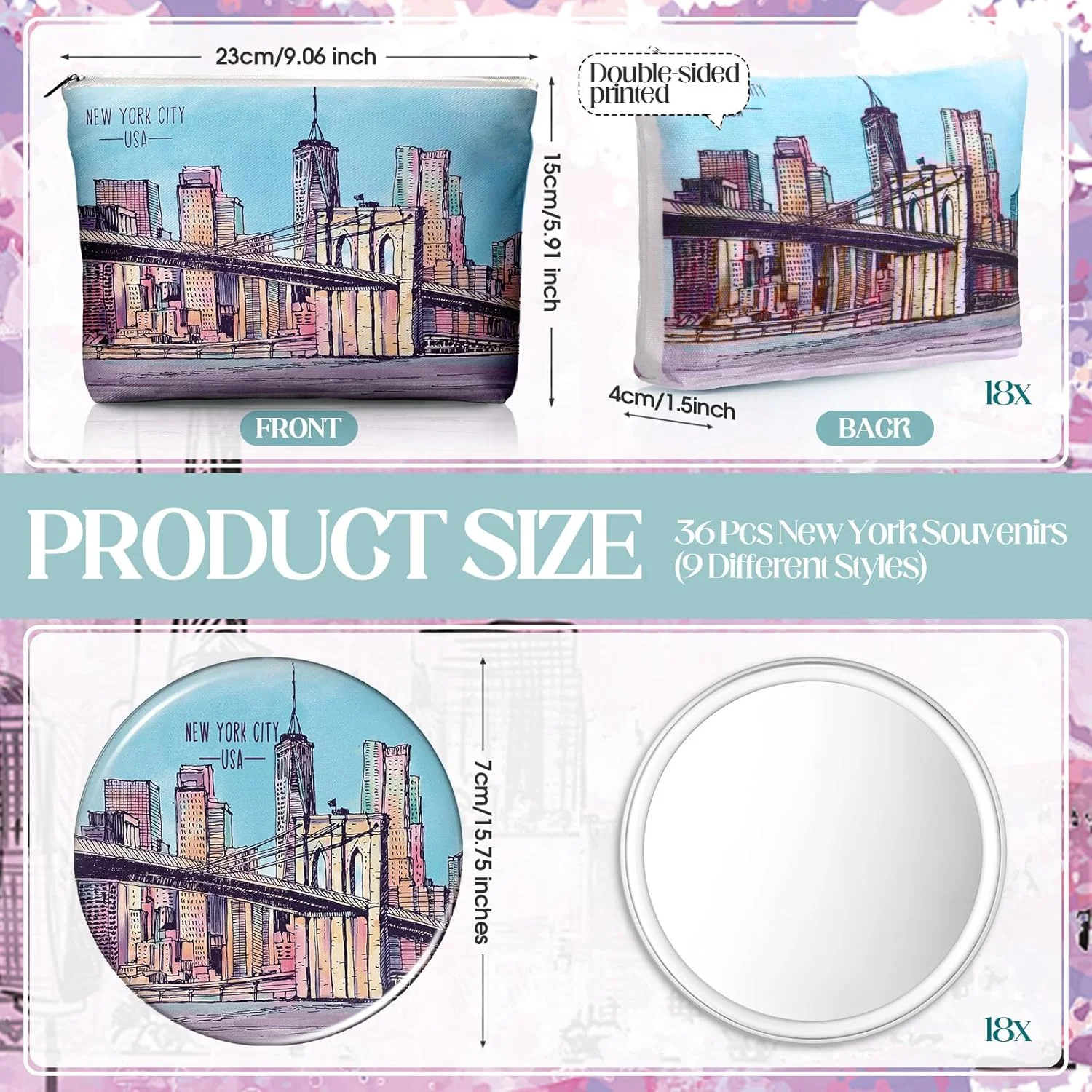 بولییو، ست 36 عددی سوغاتی نیویورک، کیف لوازم آرایشی هدیه سفر نیویورک، آینه های گرد کوچک، سوغاتی های NYC، هدایای با تم شهر برای دختران، زنان، دوستان، هدیه های سفر، جشن تولد، مهمانی کریسمس