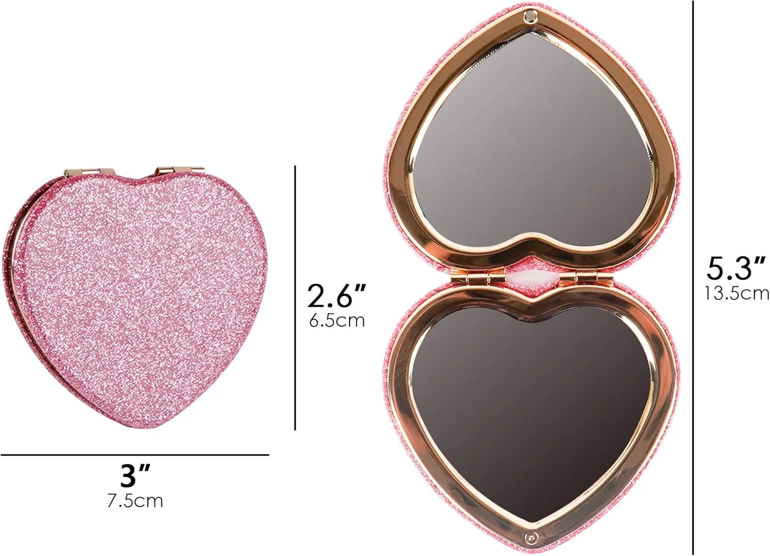 BUNCHBRAVO Compact Mirror Heart Shape for Women, Glittery Pink Double-Sided Purse Pocket Mirror with Gold Trim, Portable Makeup Touch-Up Accessory