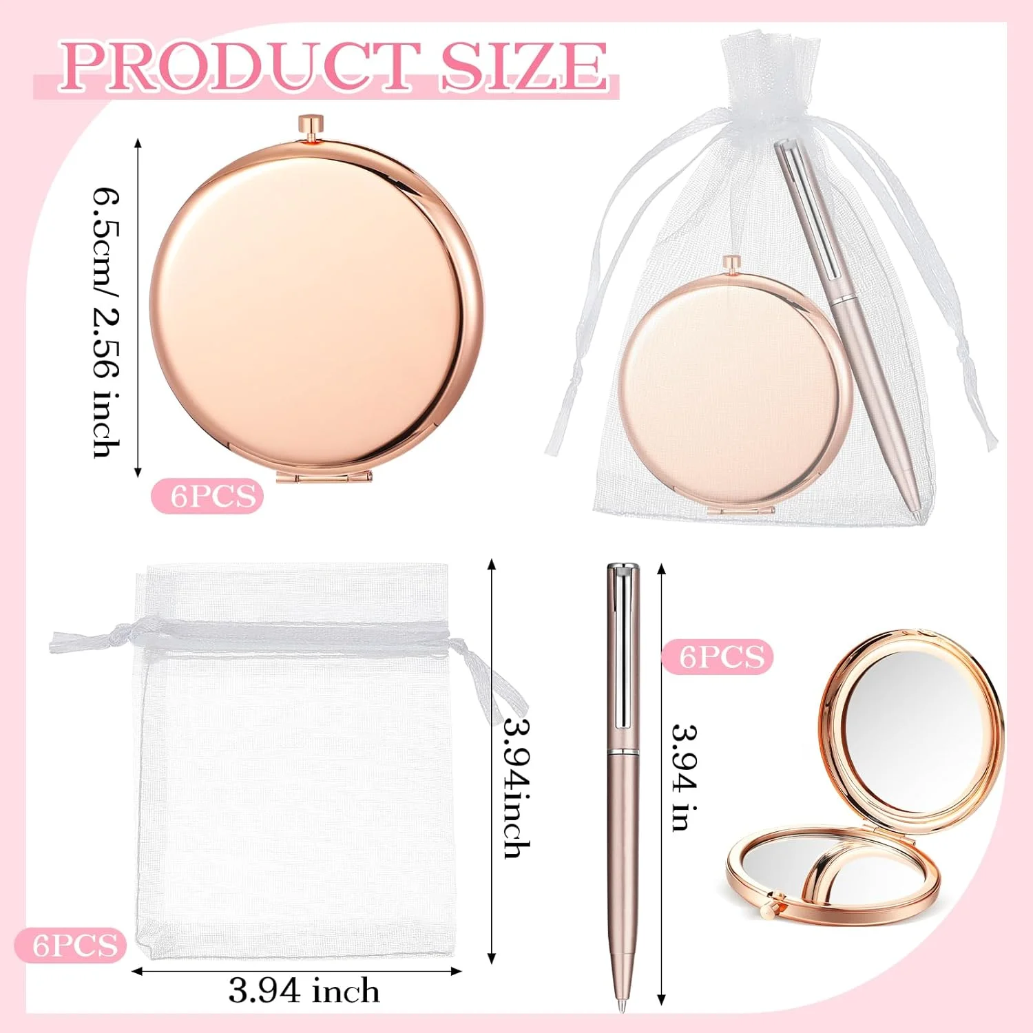 مجموعه 6 عددی آینه جیبی Briwooody، مناسب هدیه عروسی، دارای دو طرف آینه با بزرگنمایی 1X/2X، به همراه کیف توری و قلم (رزگلد)
