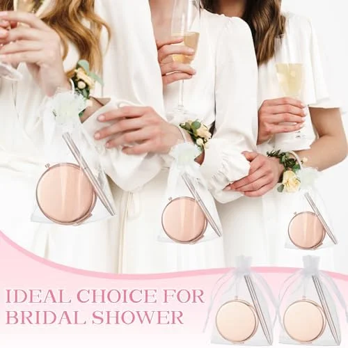 مجموعه 6 عددی آینه جیبی Briwooody، مناسب هدیه عروسی، دارای دو طرف آینه با بزرگنمایی 1X/2X، به همراه کیف توری و قلم (رزگلد)