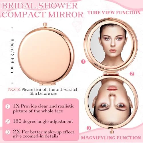 مجموعه 6 عددی آینه جیبی Briwooody، مناسب هدیه عروسی، دارای دو طرف آینه با بزرگنمایی 1X/2X، به همراه کیف توری و قلم (رزگلد)