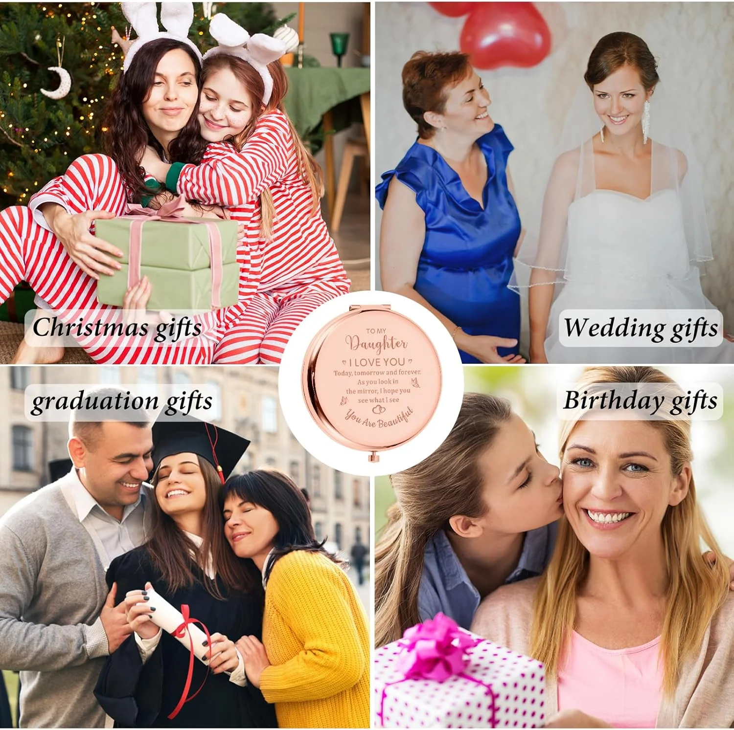 آینه جیبی جمع و جور هدیه برای دختر از طرف مادر، هدیه تولد بازگشت به مدرسه برای دختر از طرف مادر، سالگرد عروسی فارغ التحصیلی کریسمس، آینه جیبی دخترانه رزگلد