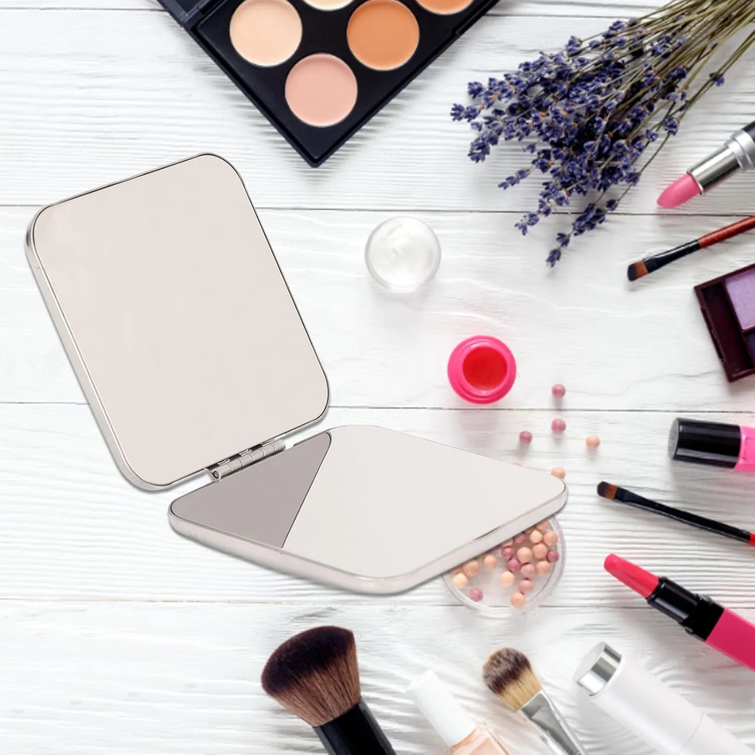 آینه جیبی دو طرفه تاشو استیل ضد زنگ دیوچه، آینه کوچک قابل حمل برای کیف پول، آینه مسافرتی جمع و جور (مربع)