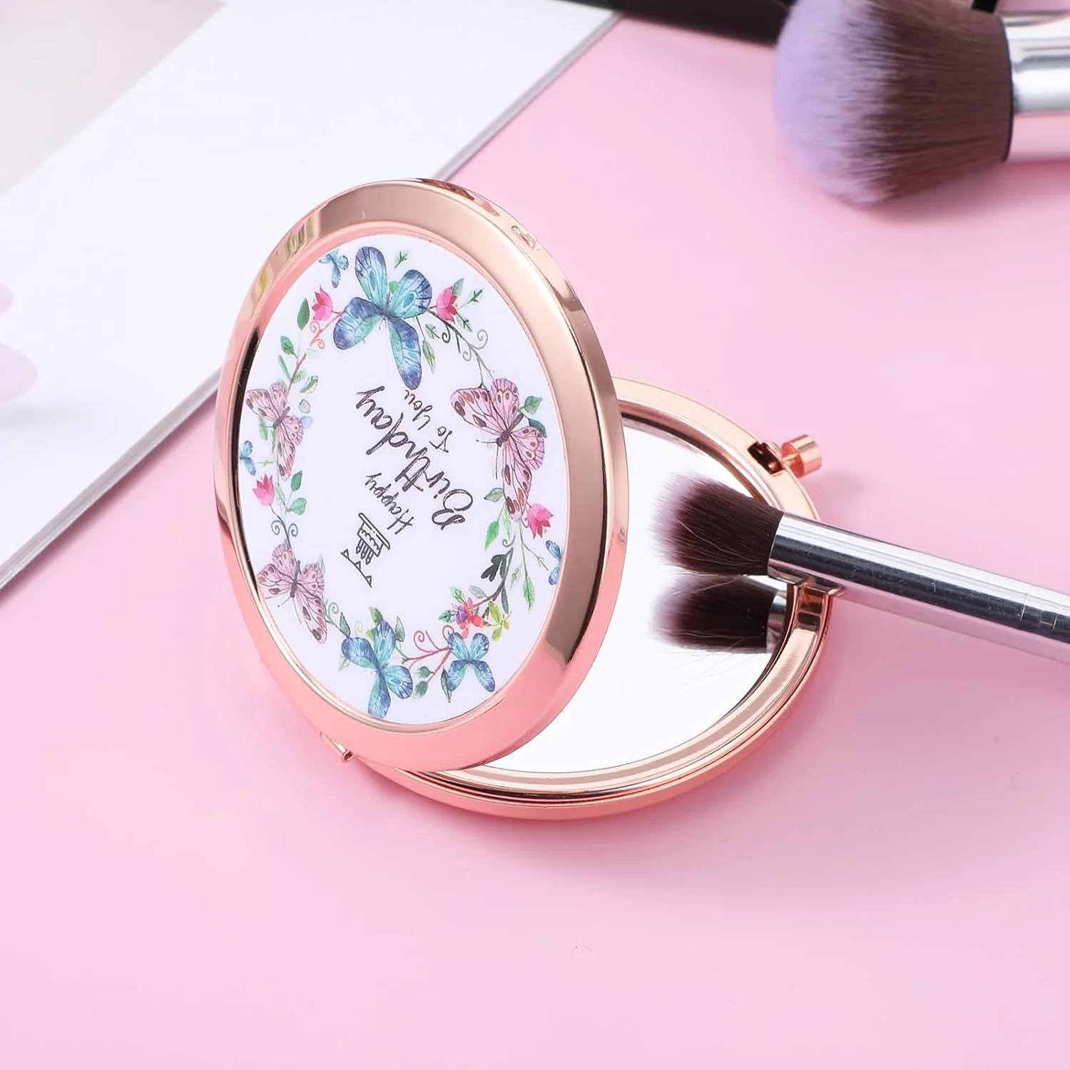 آینه آرایشی تاشو طرح گل Dimeho، آینه جیبی کوچک رنگارنگ قابل حمل، آینه دستی دو طرفه تاشو با بزرگنمایی 2 برابر مناسب کیف دستی، اداره، منزل برای خانم ها و دختران